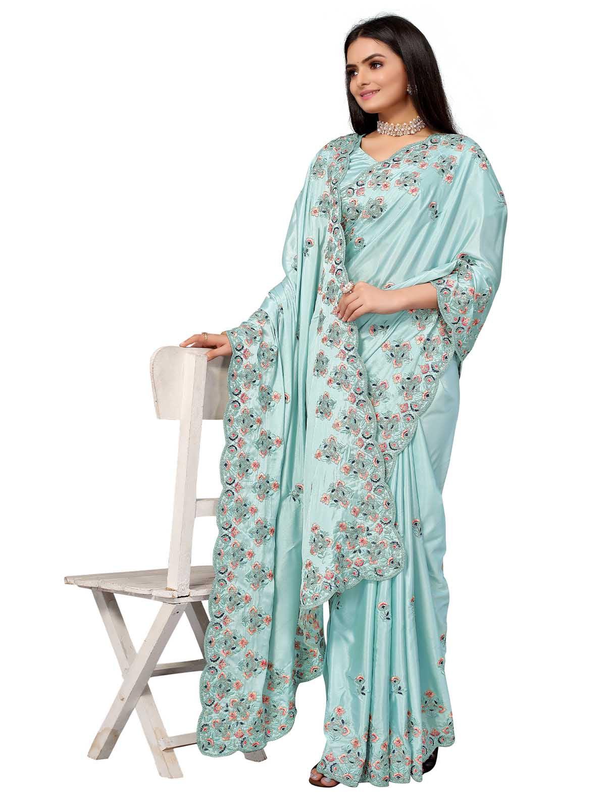 Women's Light Blue Pure Silk Embroidered Saree With Blouse - Odette