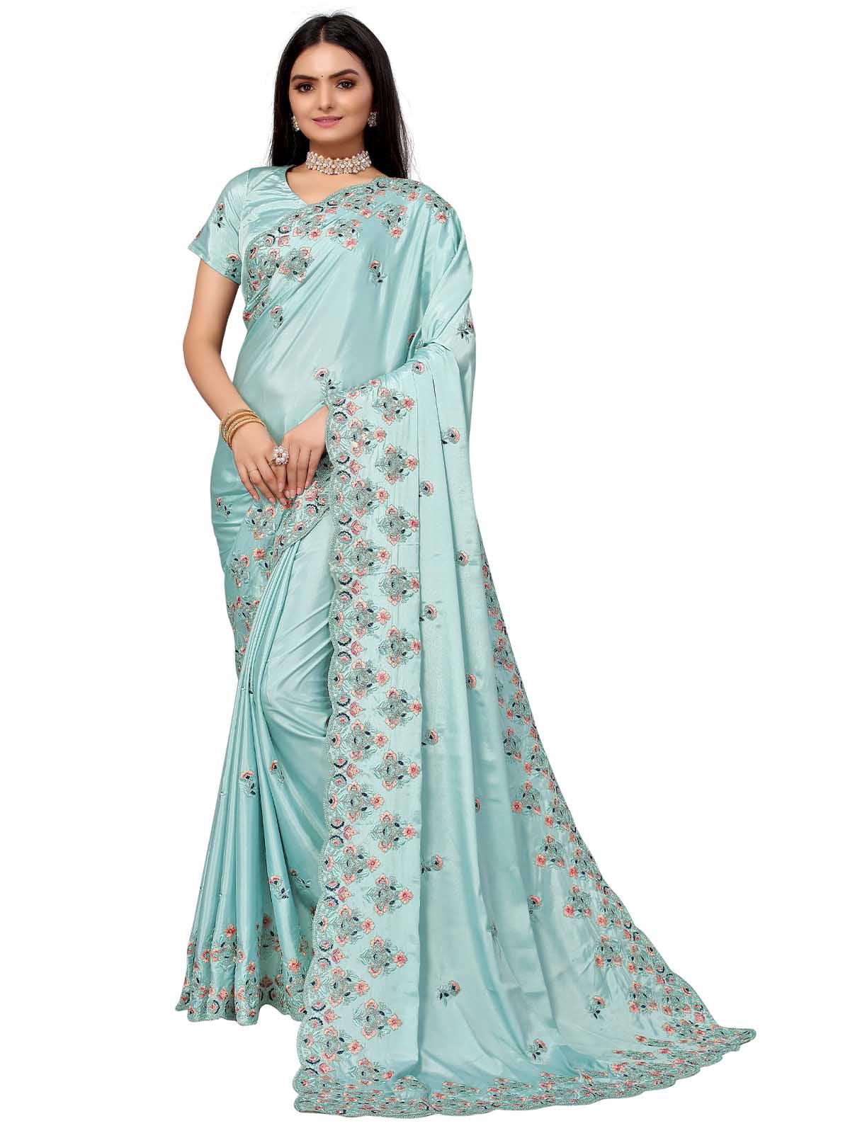 Women's Light Blue Pure Silk Embroidered Saree With Blouse - Odette