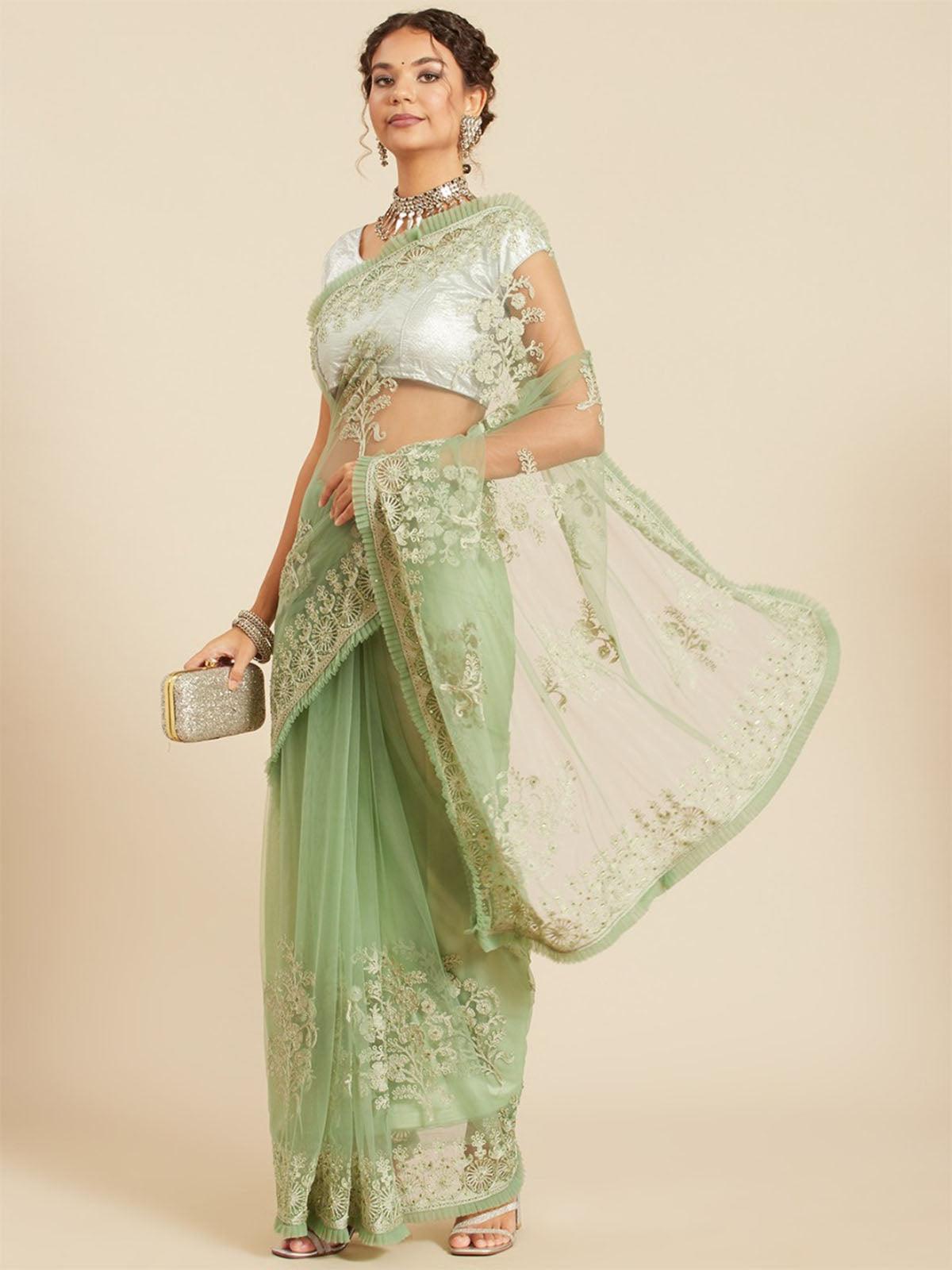 Women's Light Green Net Embroidered Saree With Blouse Piece - Odette