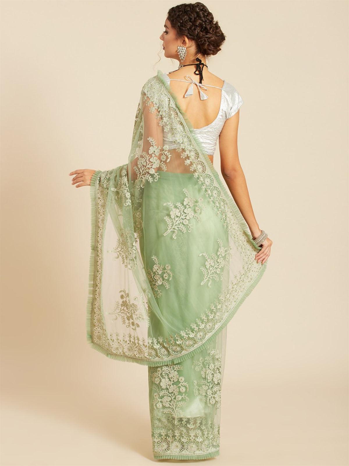 Women's Light Green Net Embroidered Saree With Blouse Piece - Odette