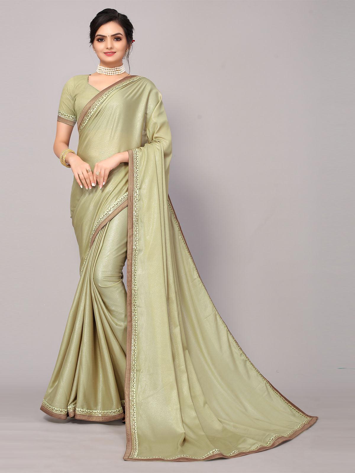 Women's Light Green Poly Silk Embroidery Border Work Saree With Blouse - Odette