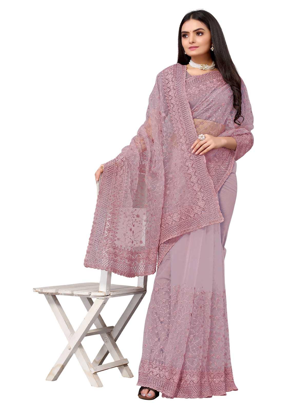 Women's Lilac Net Embroidered Saree With Blouse - Odette