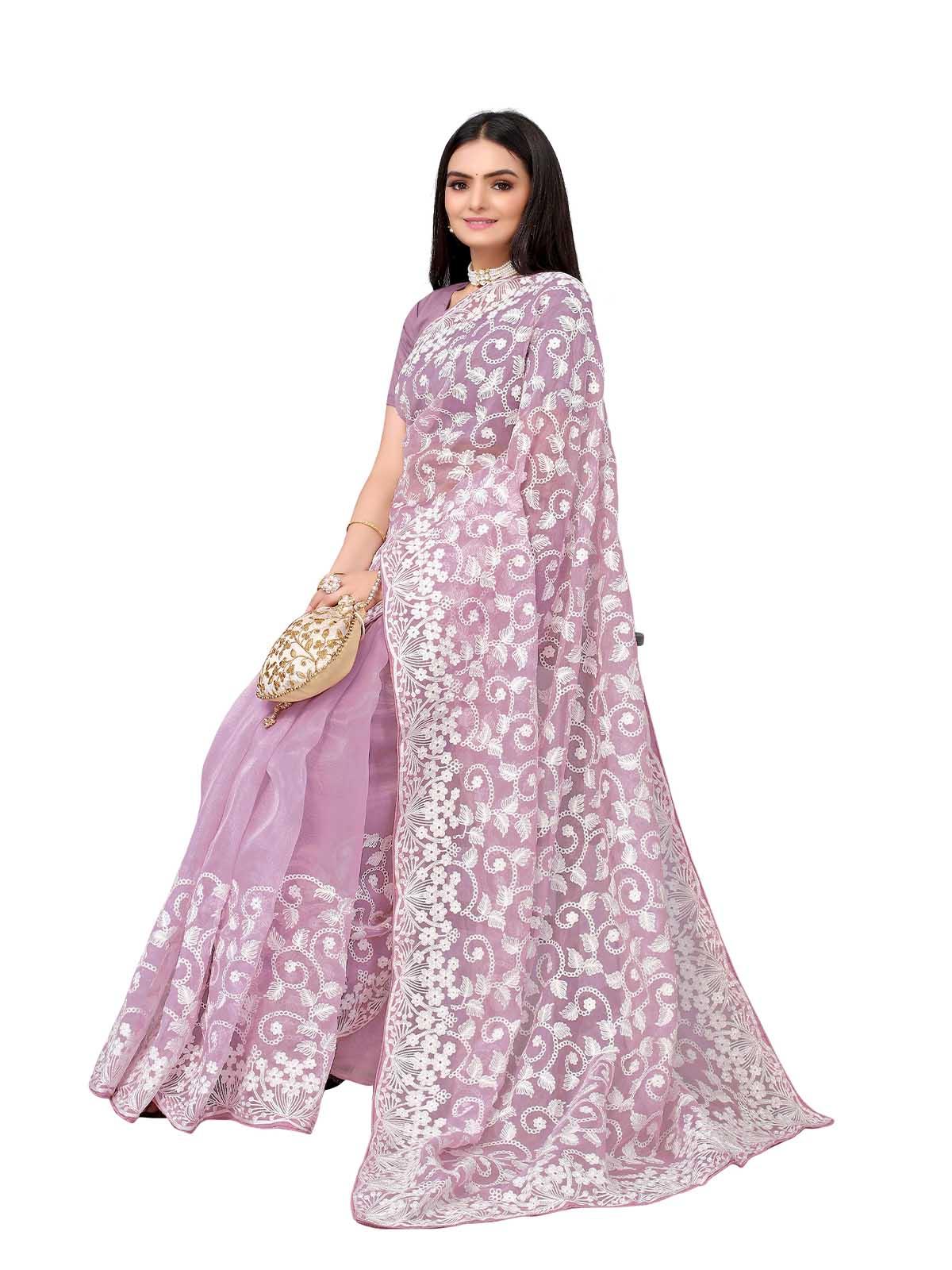 Women's Lilac Organza Embroidered Saree With Blouse - Odette