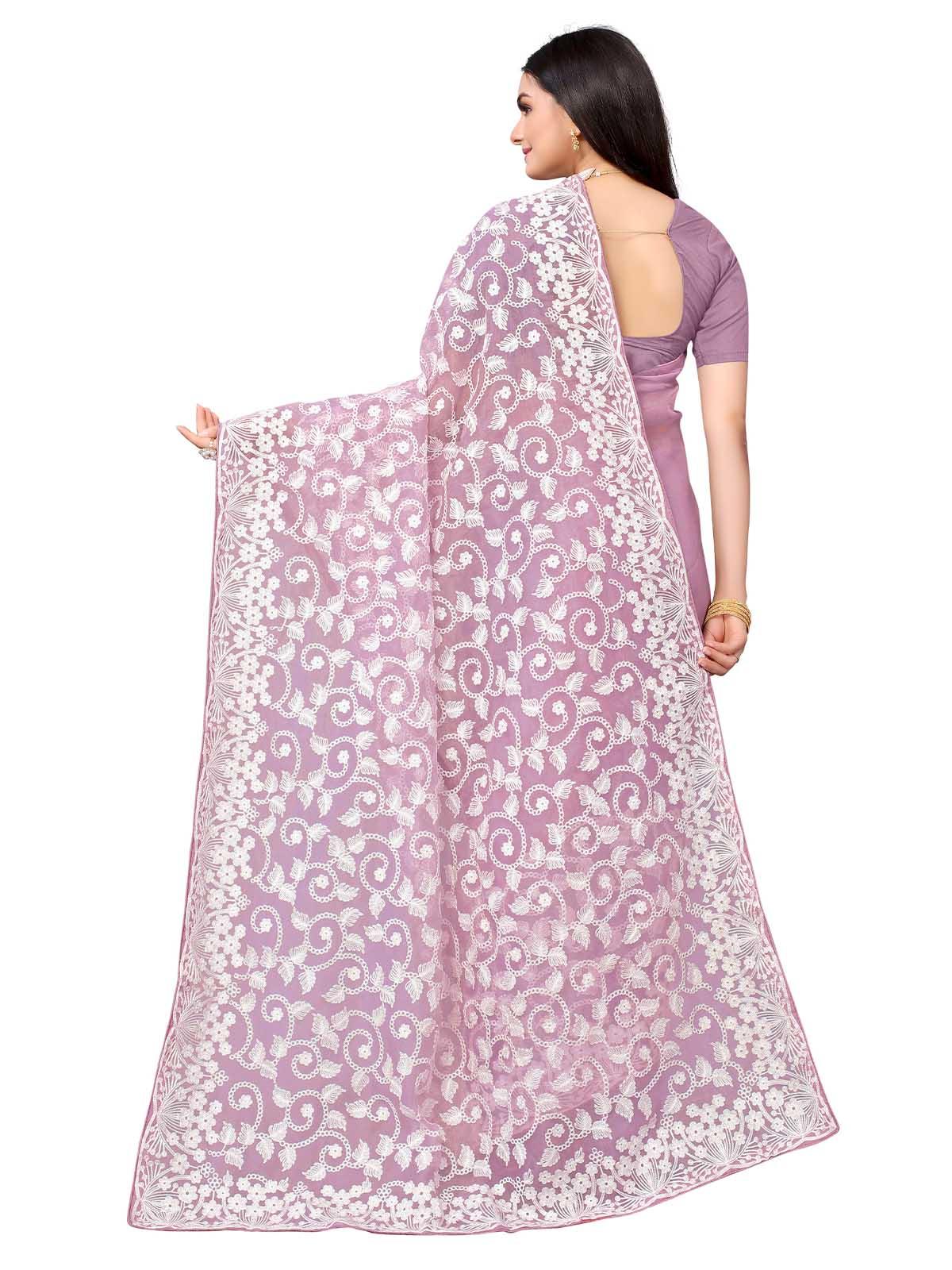 Women's Lilac Organza Embroidered Saree With Blouse - Odette