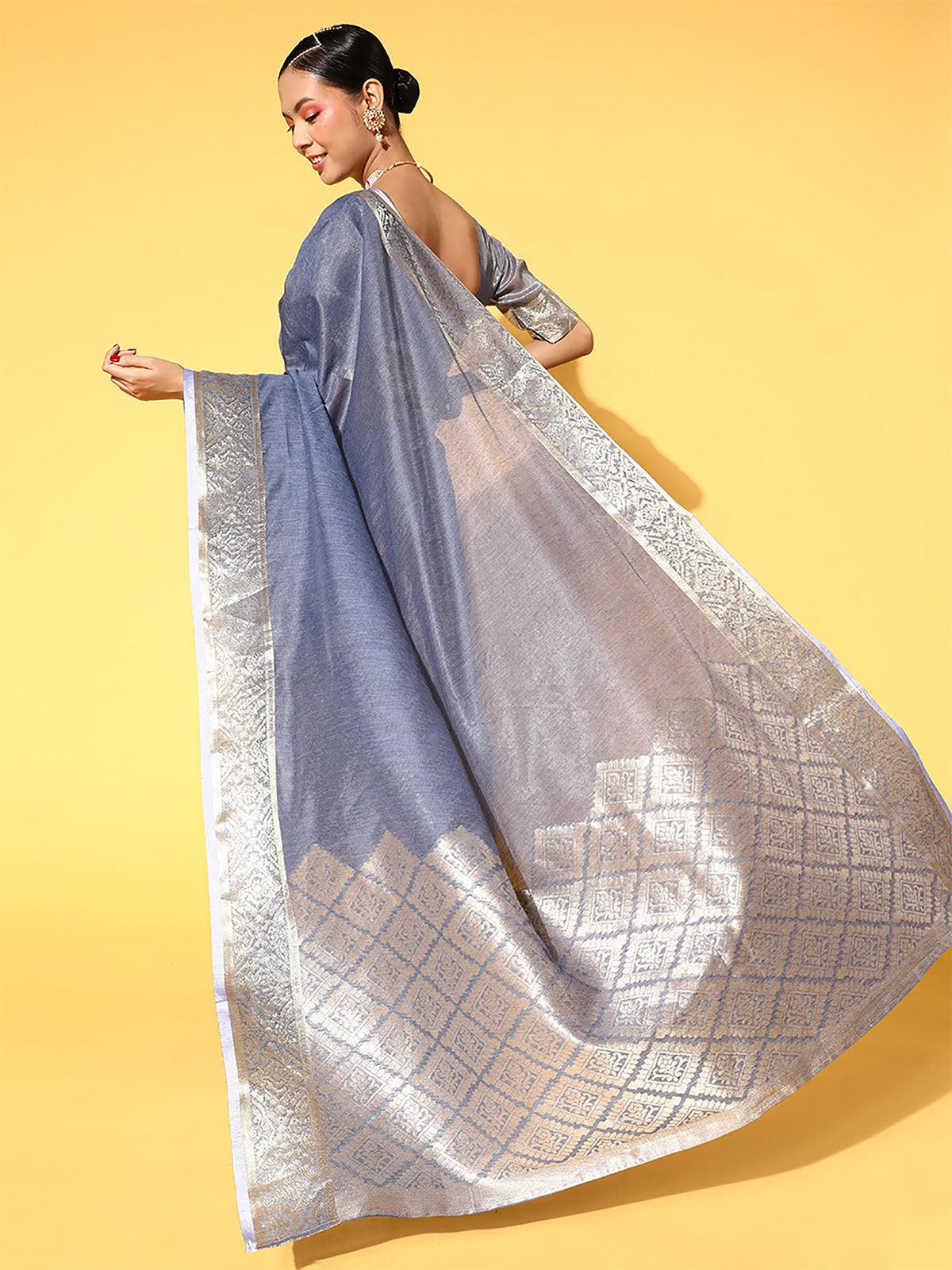 Women's Linen Blend Grey Woven Design Saree With Blouse Piece - Odette