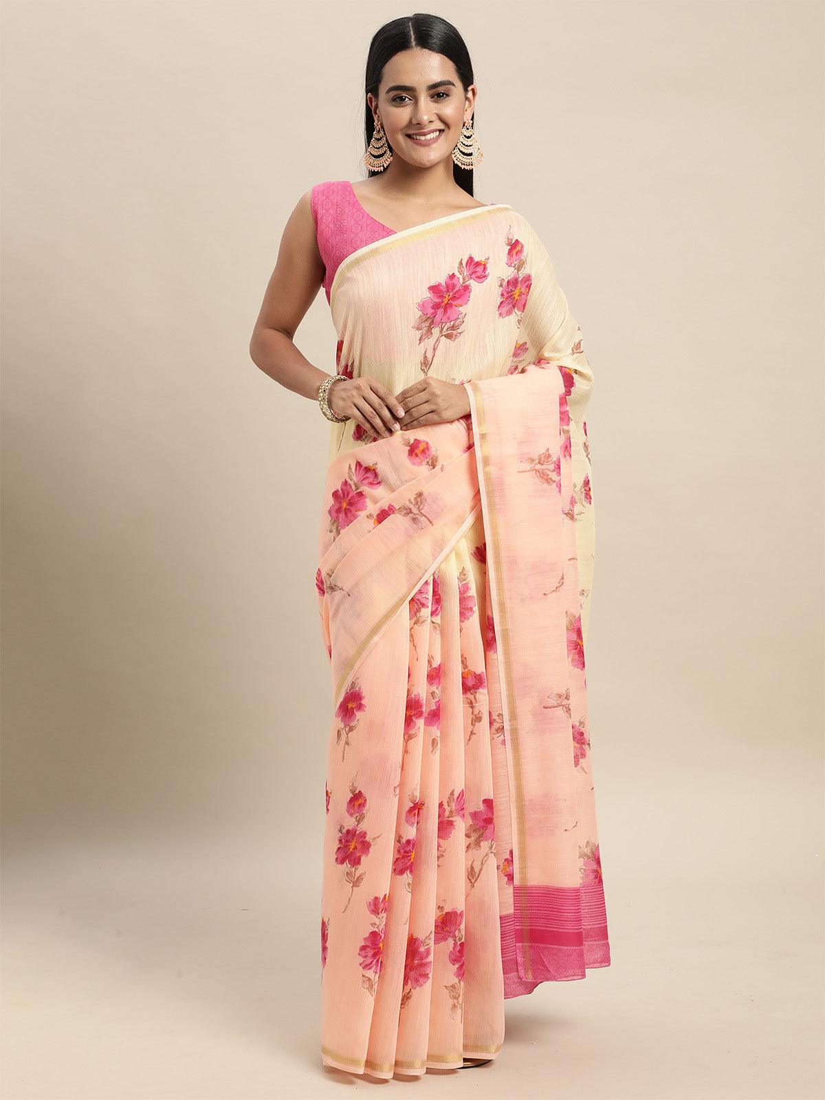 Women's Linen Blend Peach Printed Saree With Blouse Piece - Odette