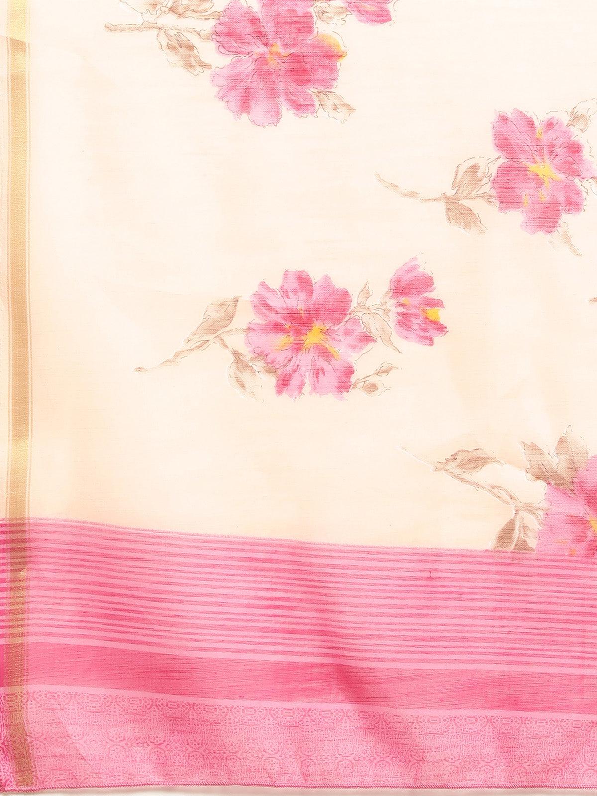 Women's Linen Blend Peach Printed Saree With Blouse Piece - Odette