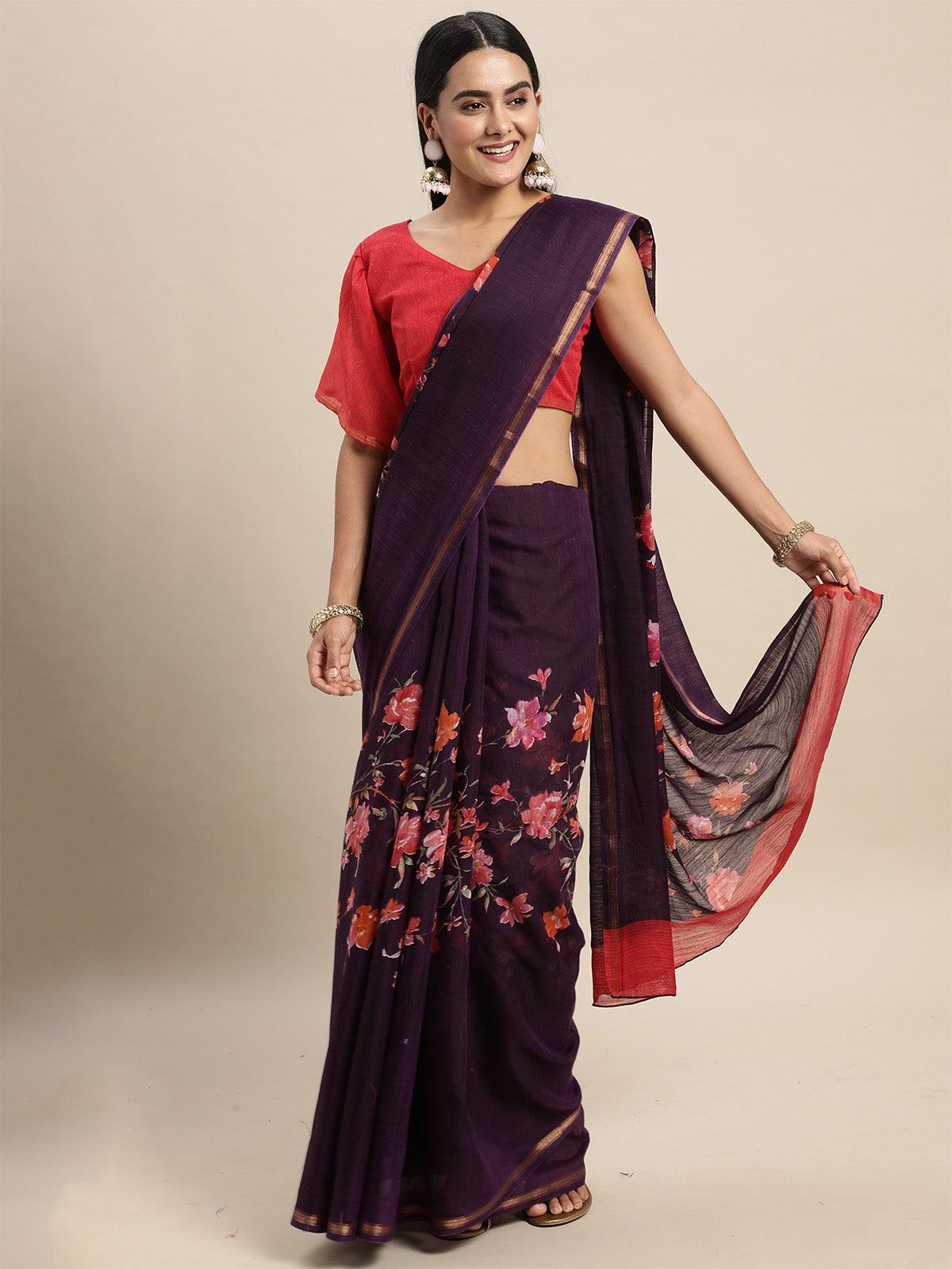 Women's Linen Blend Purple Printed Saree With Blouse Piece - Odette