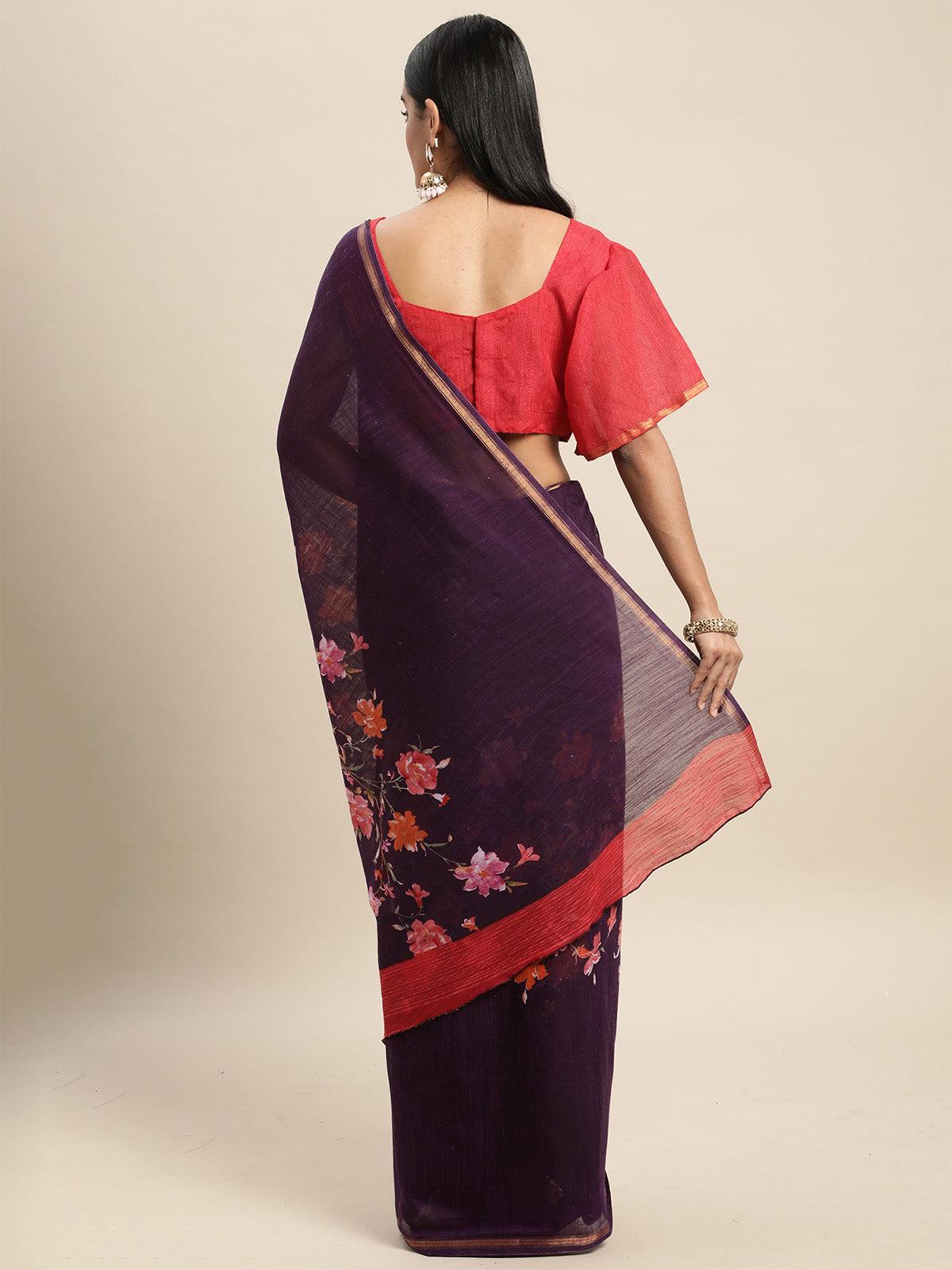 Women's Linen Blend Purple Printed Saree With Blouse Piece - Odette
