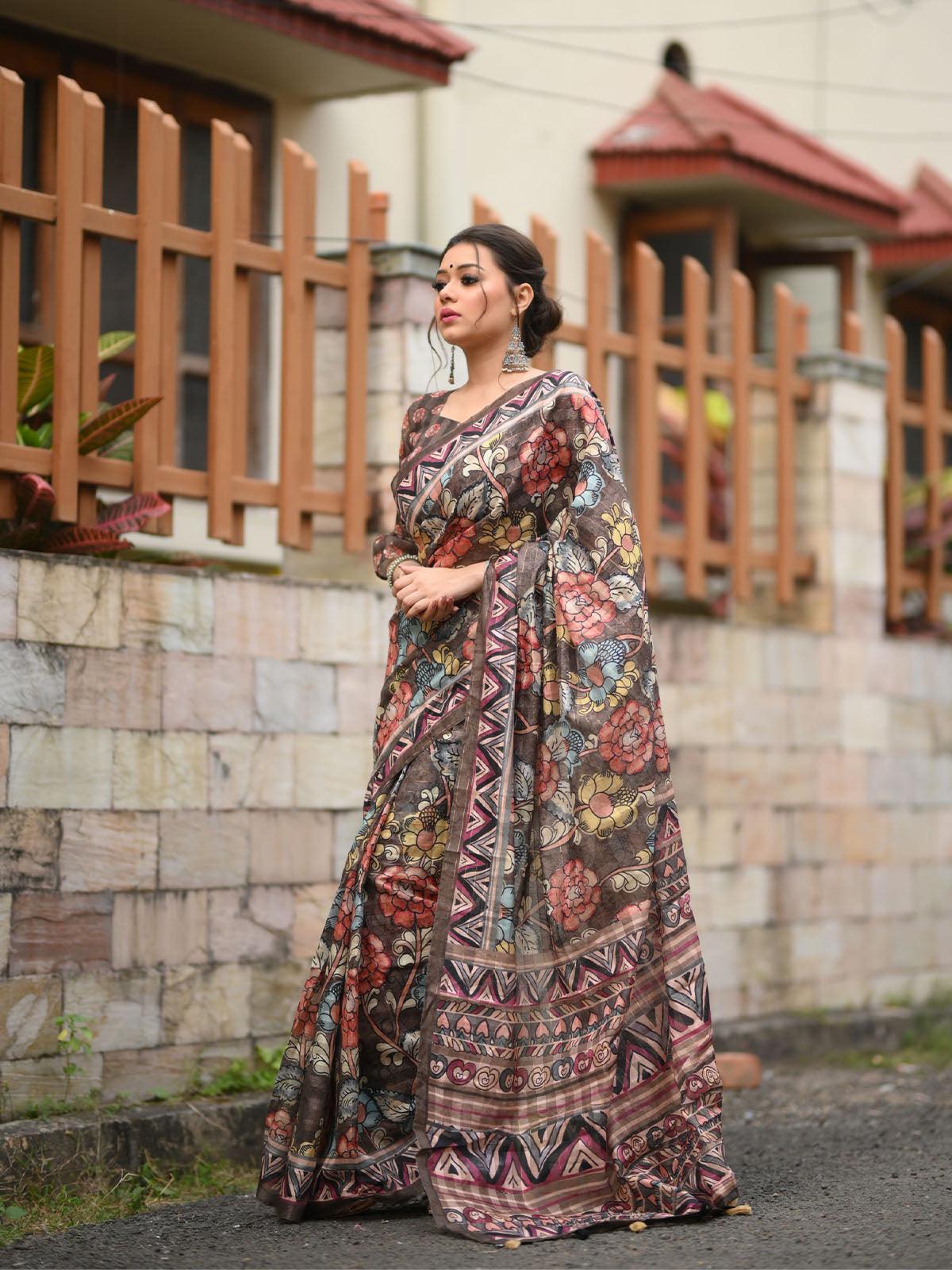Women's Linen Brown Traditional Kalamkari Printed Saree - Odette