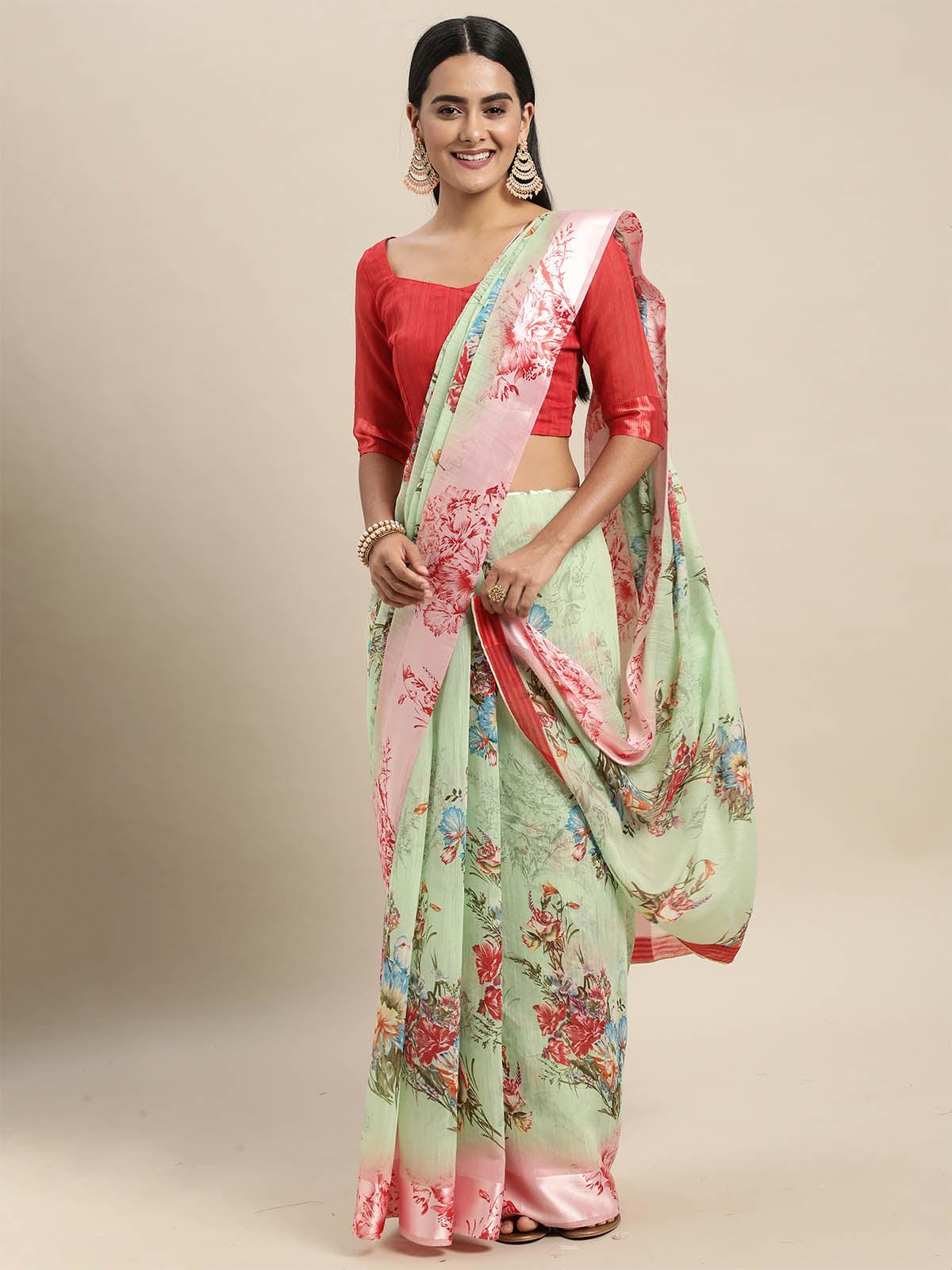Women's Linen Green Printed Designer Saree With Blouse Piece - Odette