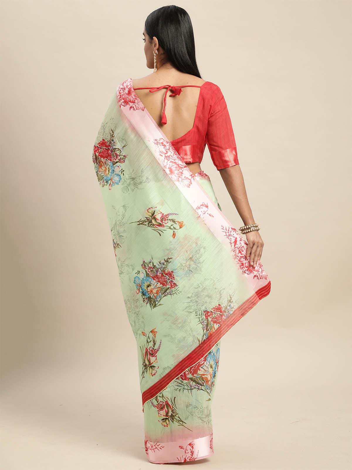Women's Linen Green Printed Designer Saree With Blouse Piece - Odette