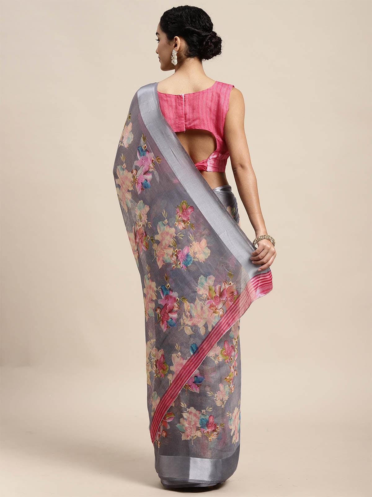 Women's Linen Grey Printed Designer Saree With Blouse Piece - Odette