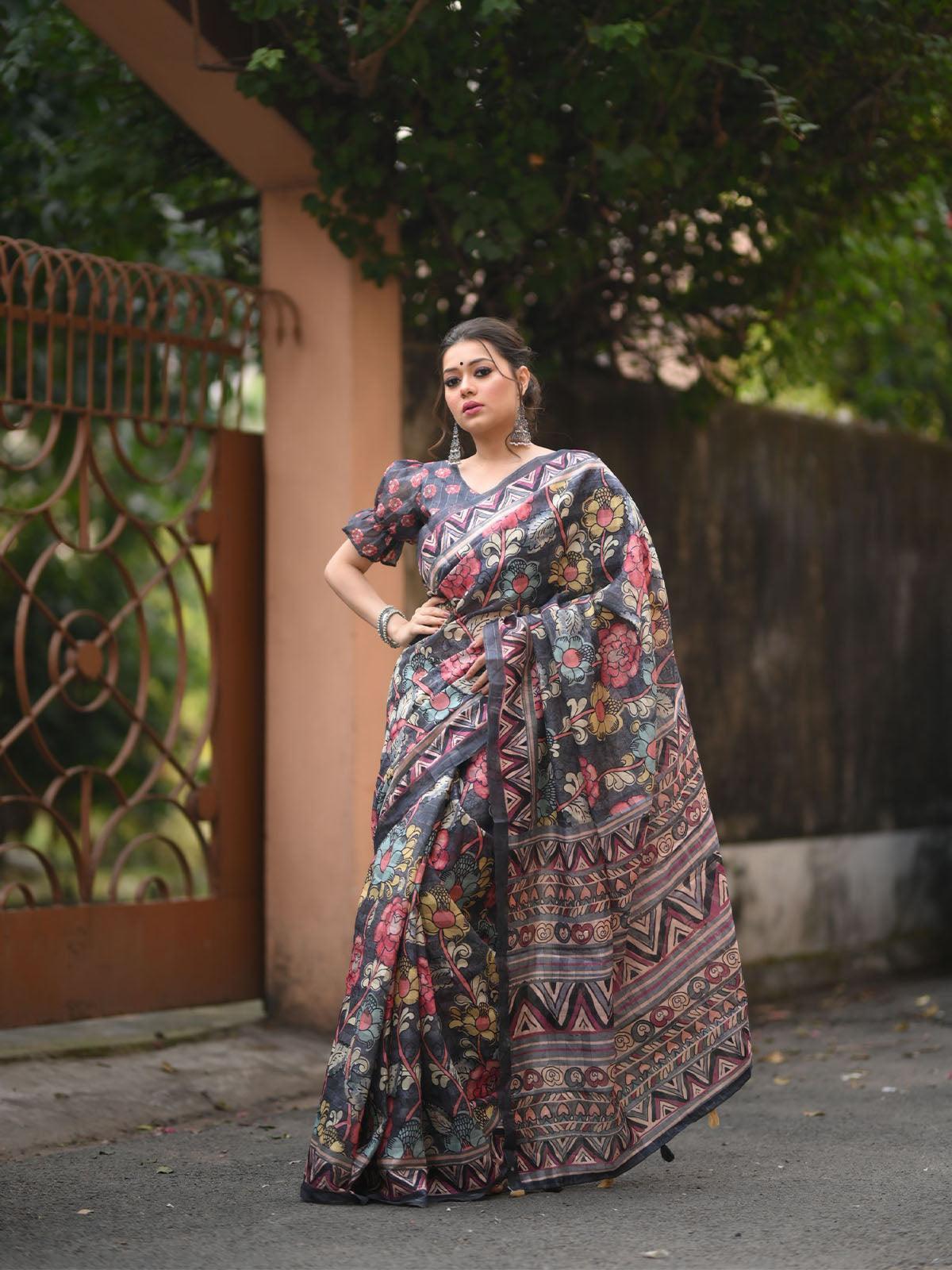 Women's Linen Grey Traditional Kalamkari Printed Saree - Odette