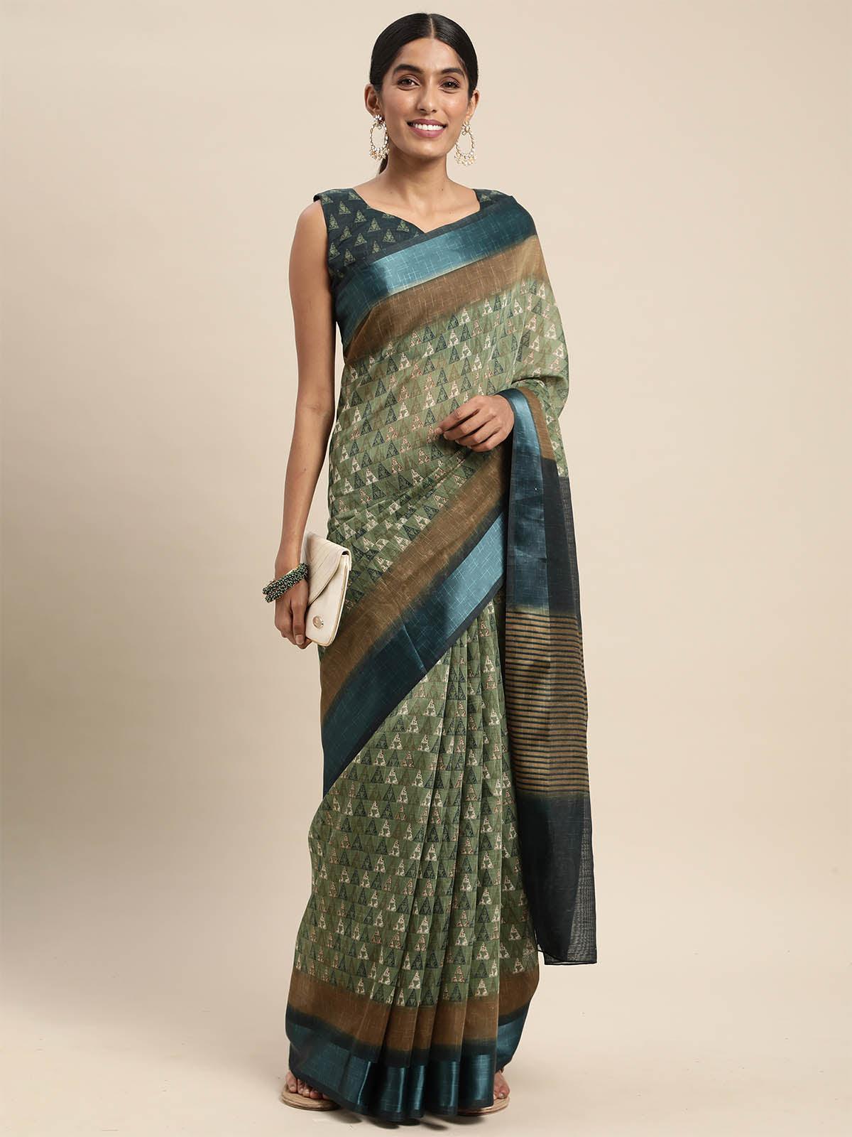 Women's Linen Olive Printed Designer Saree With Blouse Piece - Odette