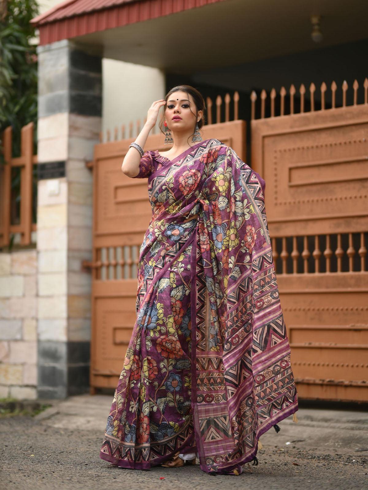 Women's Linen Purple Traditional Kalamkari Printed Saree - Odette