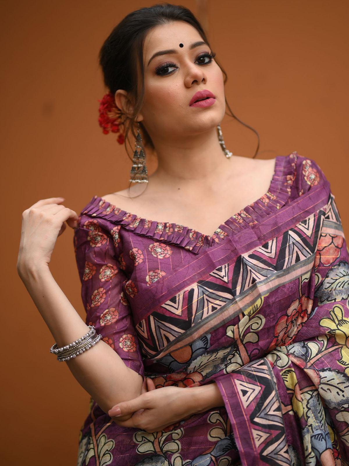 Women's Linen Purple Traditional Kalamkari Printed Saree - Odette