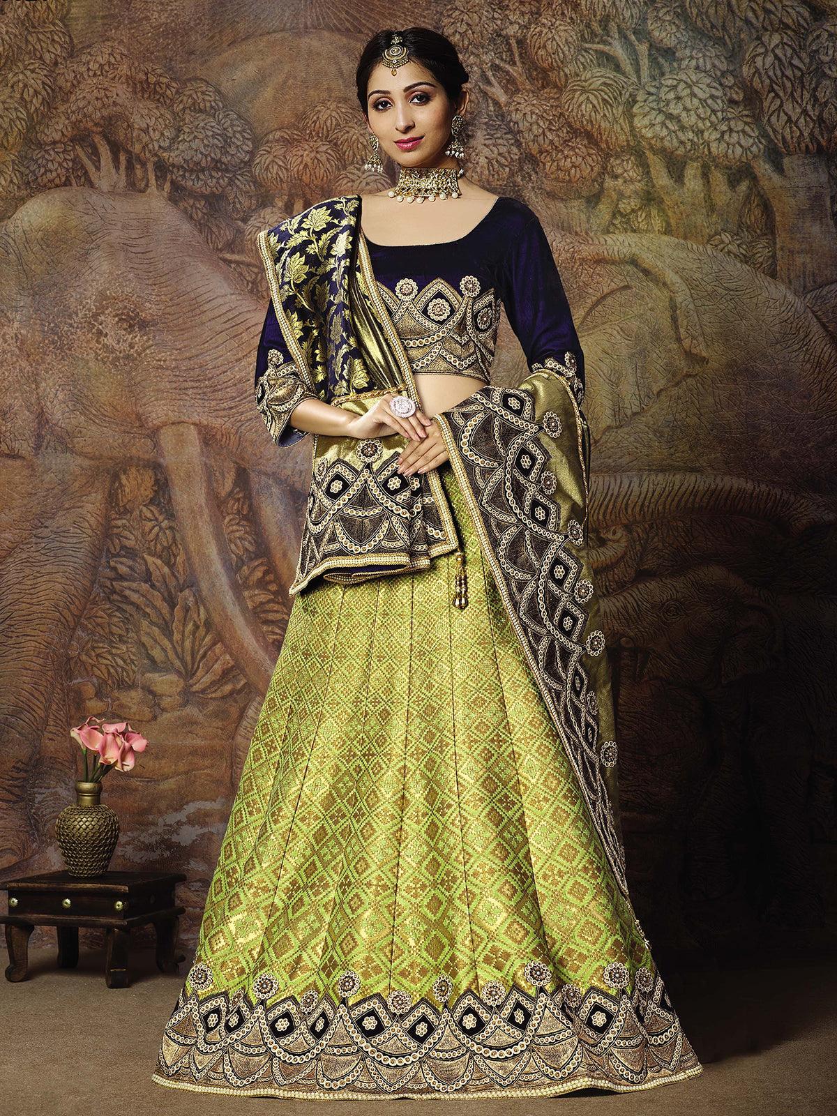 Women's Liril Green Jacquard Weaved Silk Designer Lahenga Choli - Odette