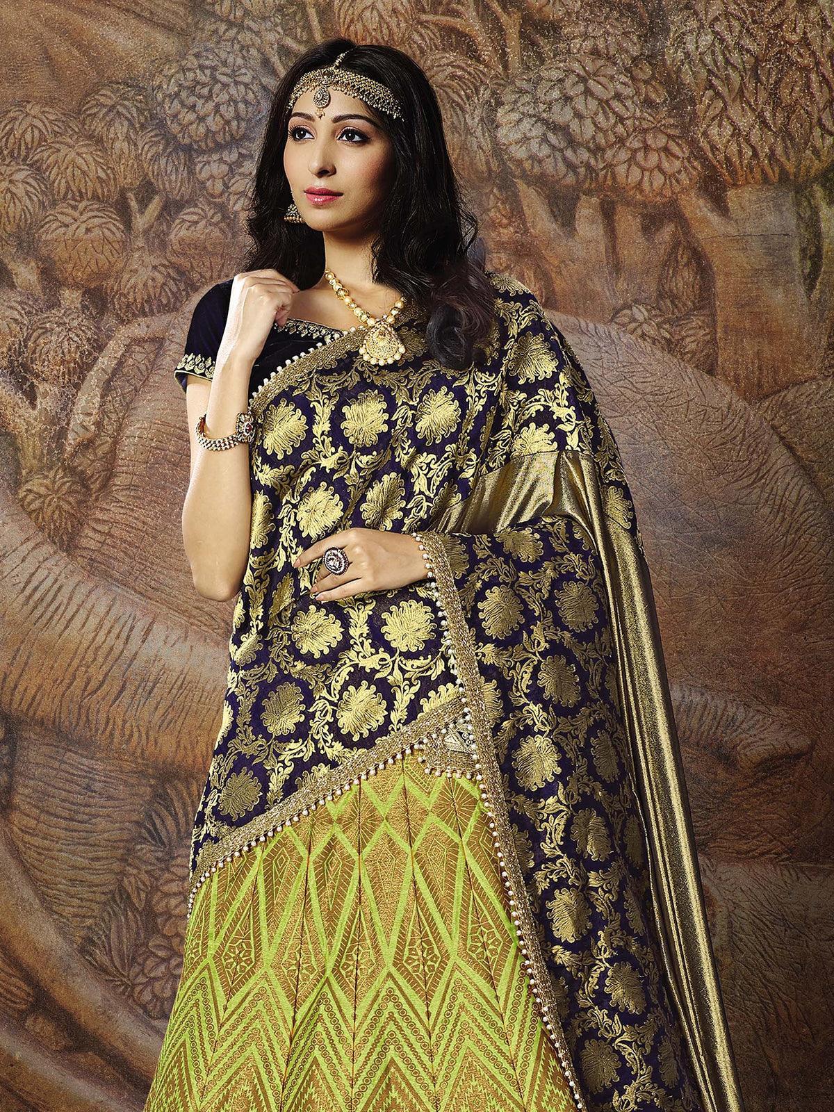 Women's Liril Green Jacquard Weaved Silk Designer Lehenga Choli - Odette
