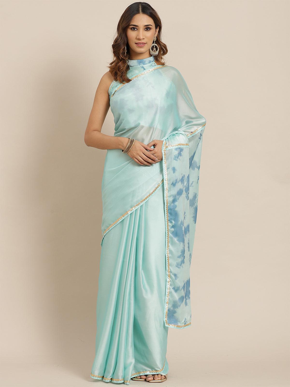 Women's Liva Turquoise Digital Print Saree With Blouse Piece - Odette