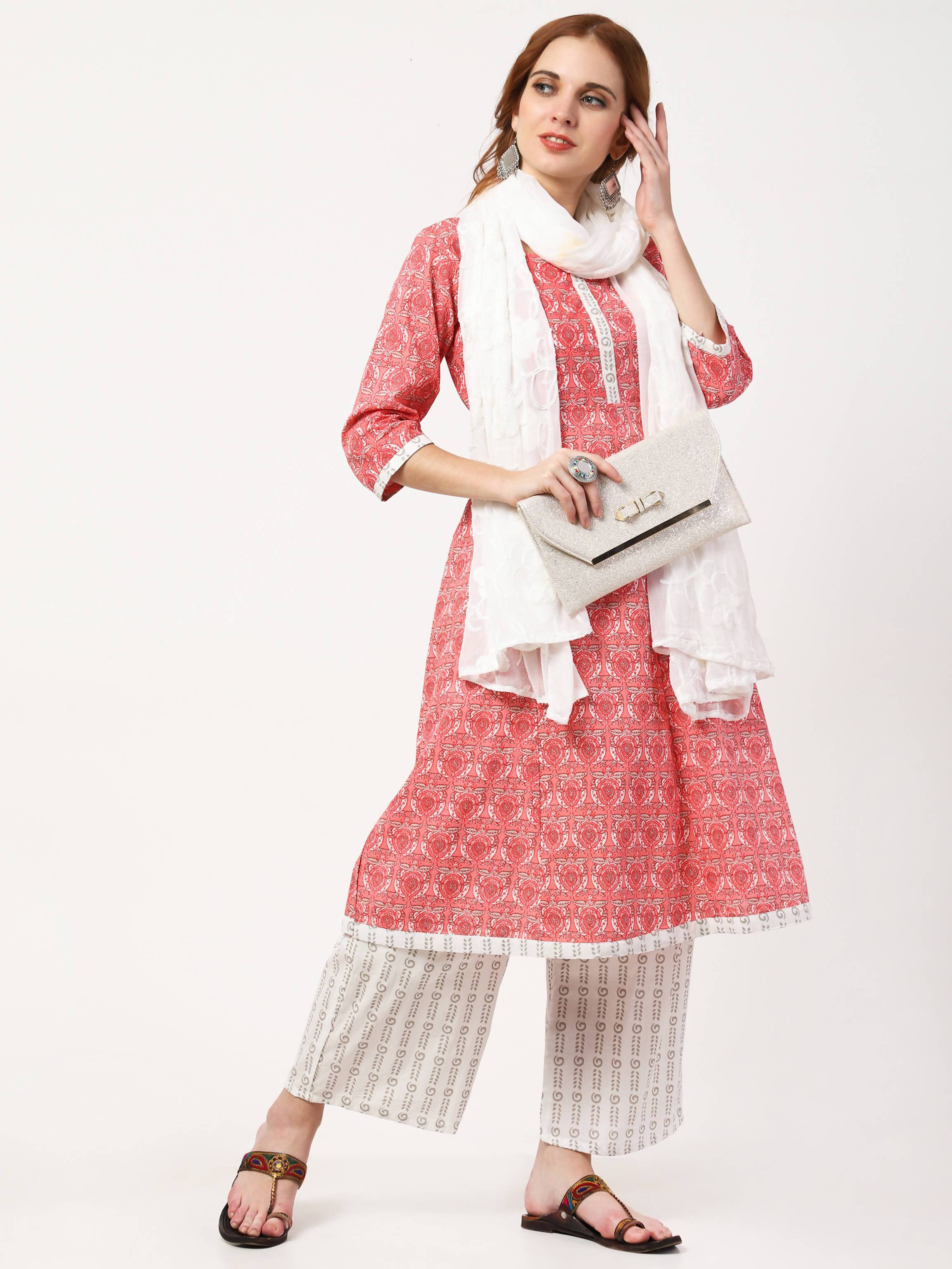 Women's Peach & Off White Cotton Anarkali Kurta Palazzo Pant & Embroidered Dupatta Set - Cheera