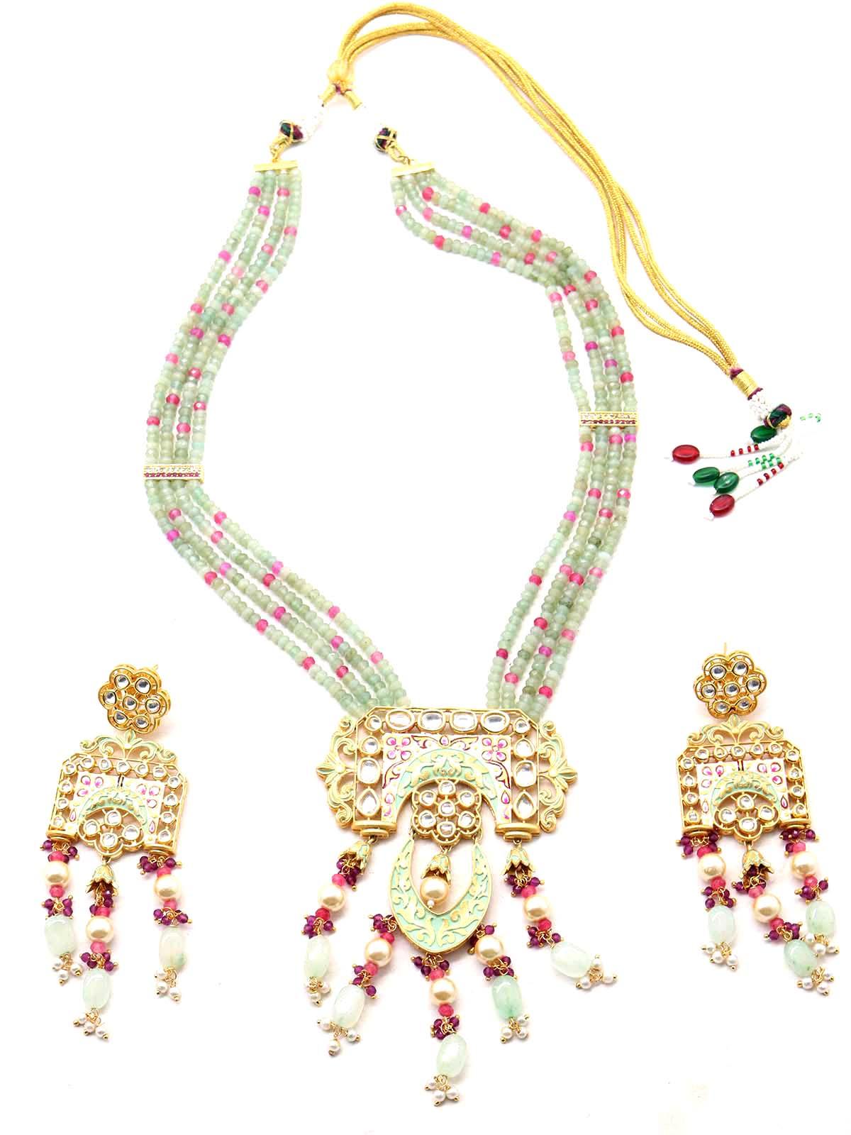 Women's Long Authentic Green And Pink Onyx And Mani Semi-Precious Necklace With Earrings! - Odette