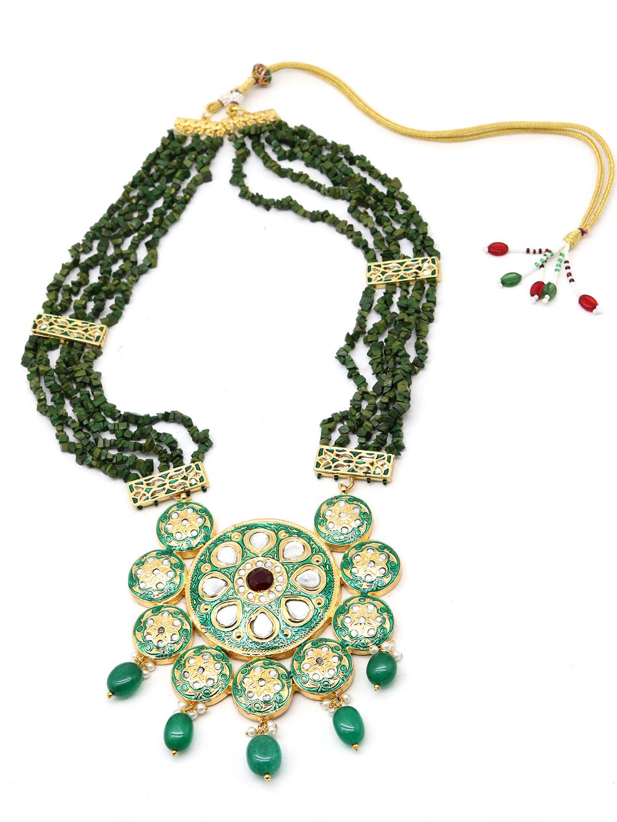 Women's Long Traditional Green Uncut Stone-Kundan Semi-Precious Necklace! - Odette