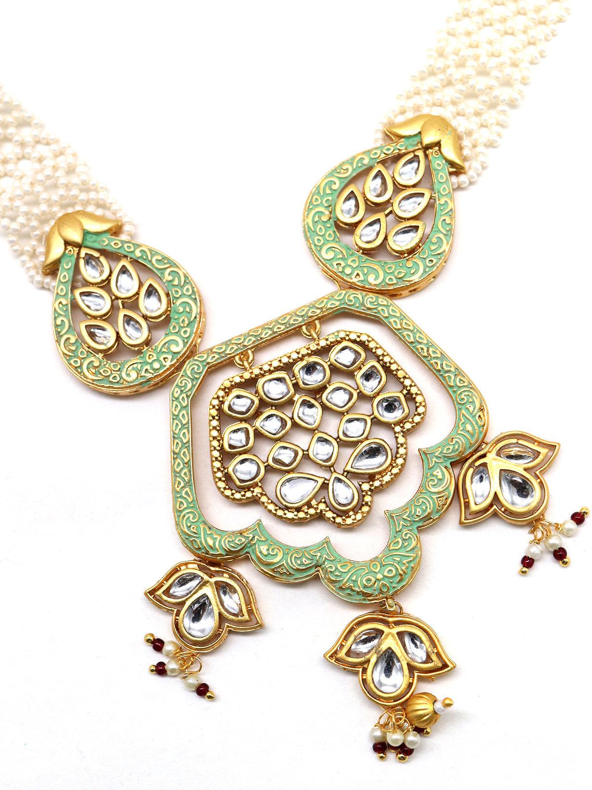 Women's Lovely Classical Semiprecious Kundan &Amp; Pearl Green Necklace With Earrings! - Odette