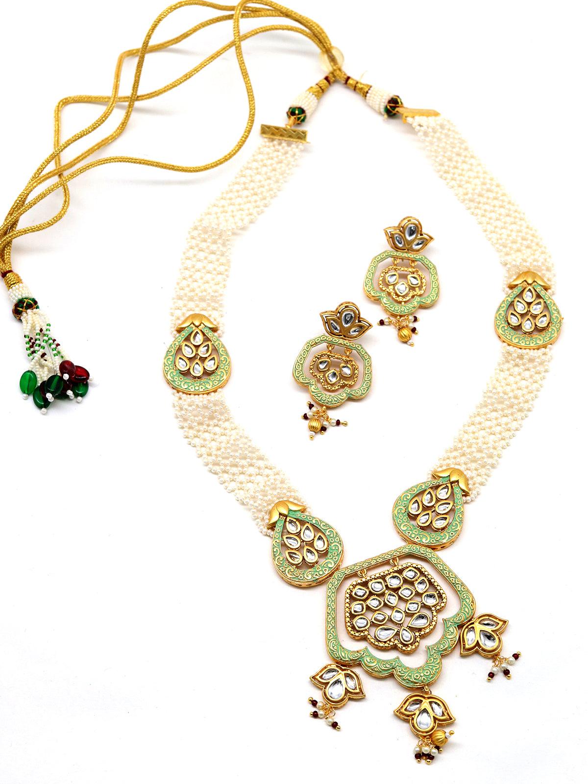 Women's Lovely Classical Semiprecious Kundan &Amp; Pearl Green Necklace With Earrings! - Odette
