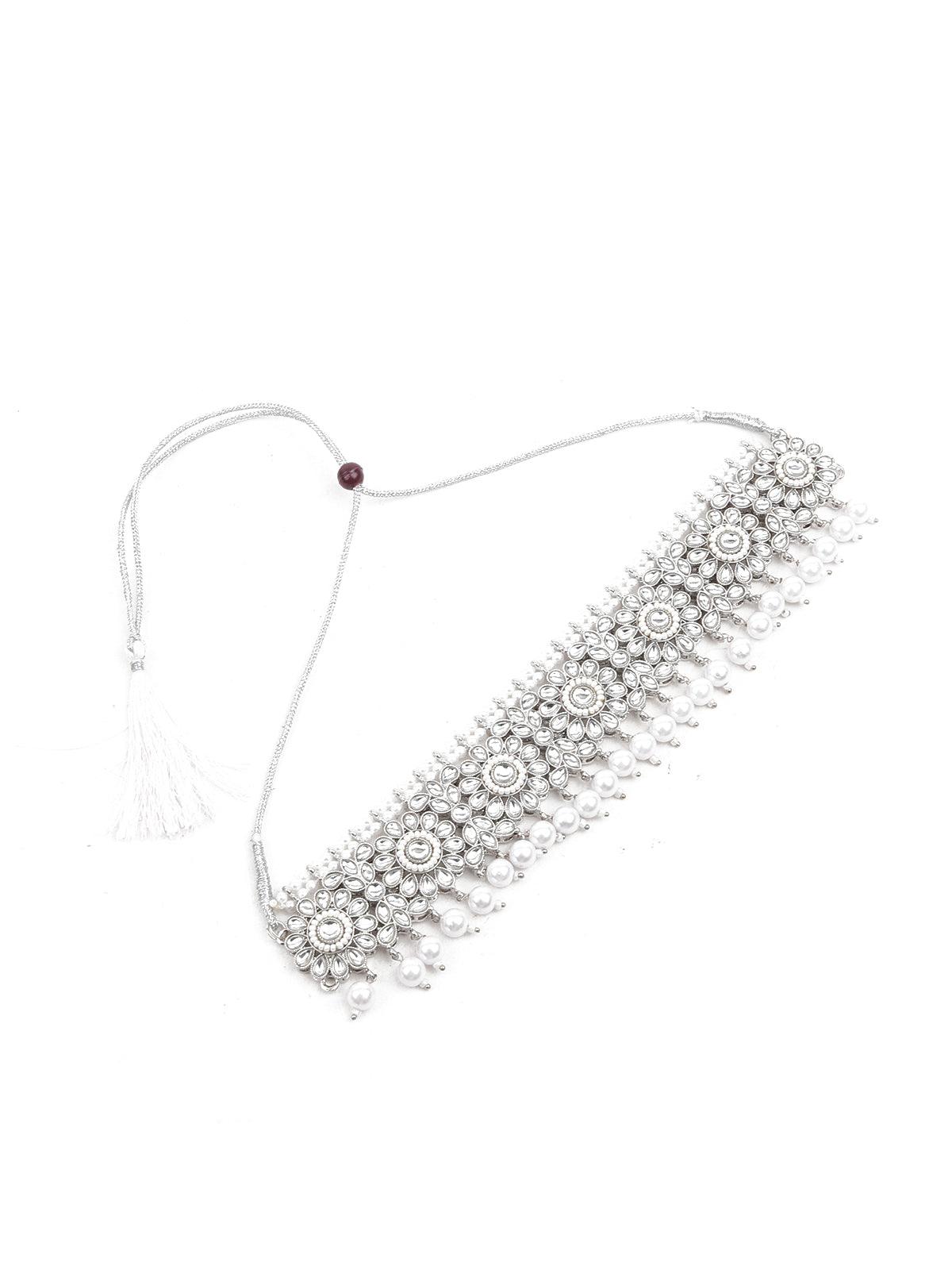Women's Lovely White Choker Necklace With Maangtika - Odette