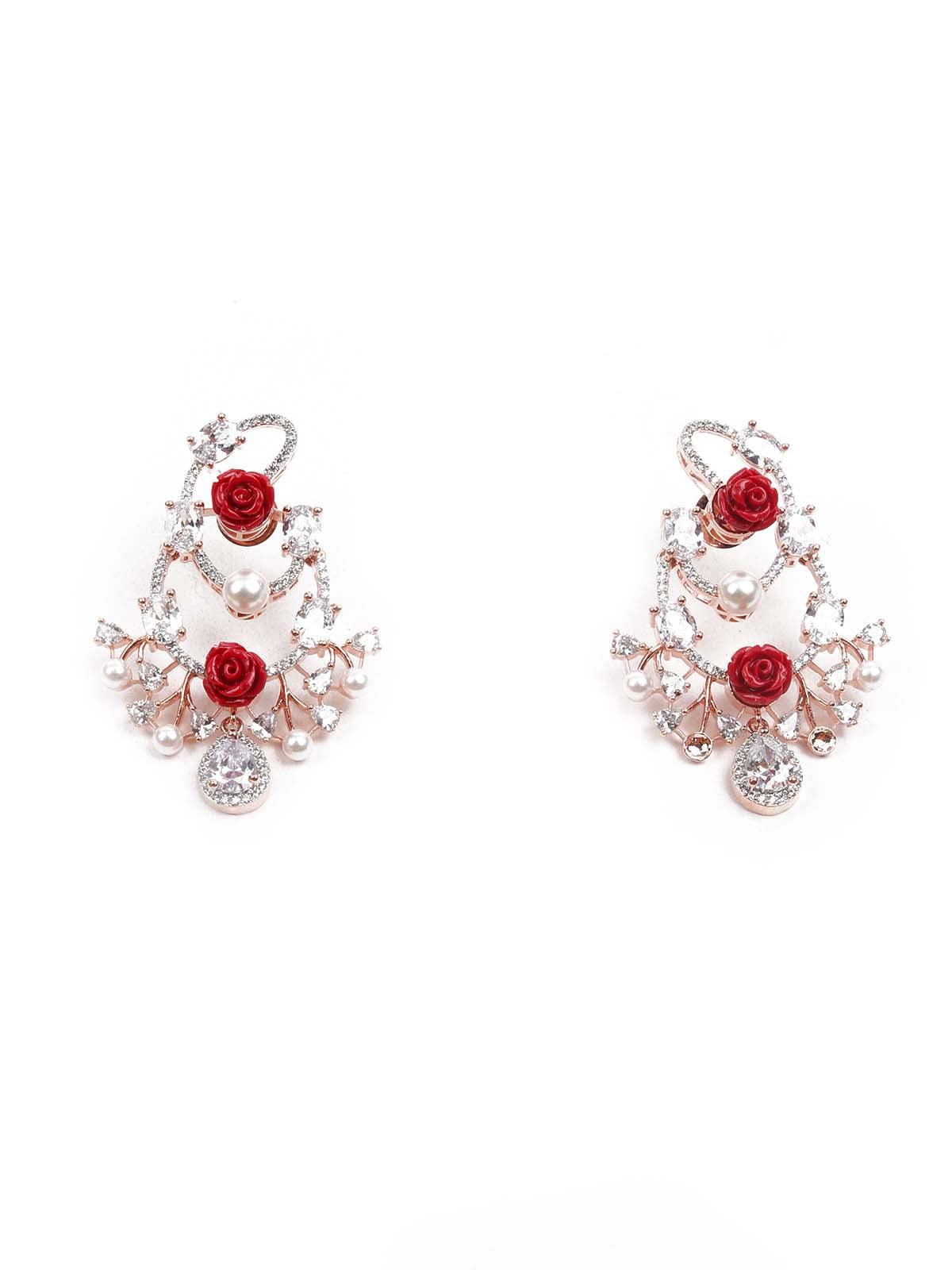 Women's Luxuriant Rose Studded Dangling Earrings - Odette