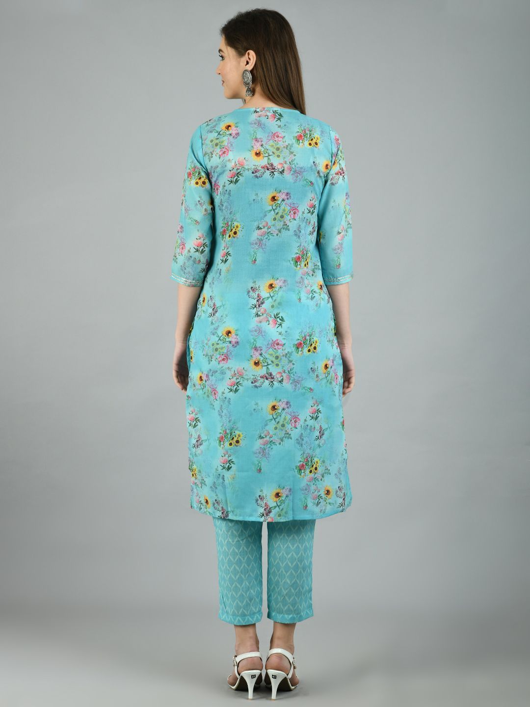 Women's Blue Poly Cotton Printed 3/4 Sleeve Round Neck Casual Kurta Pant Set - Myshka
