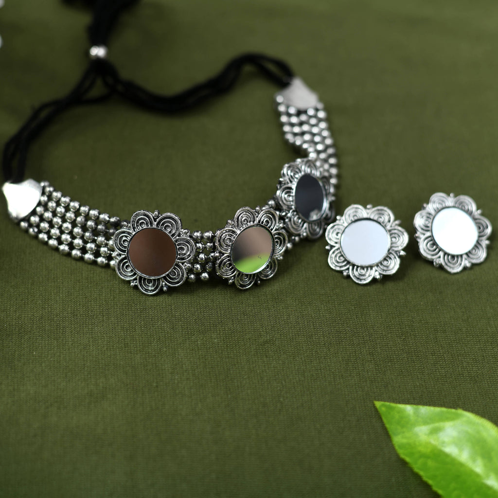 Kamal Johar Silver-Plated Floral Mirror design Neckalace with Ear