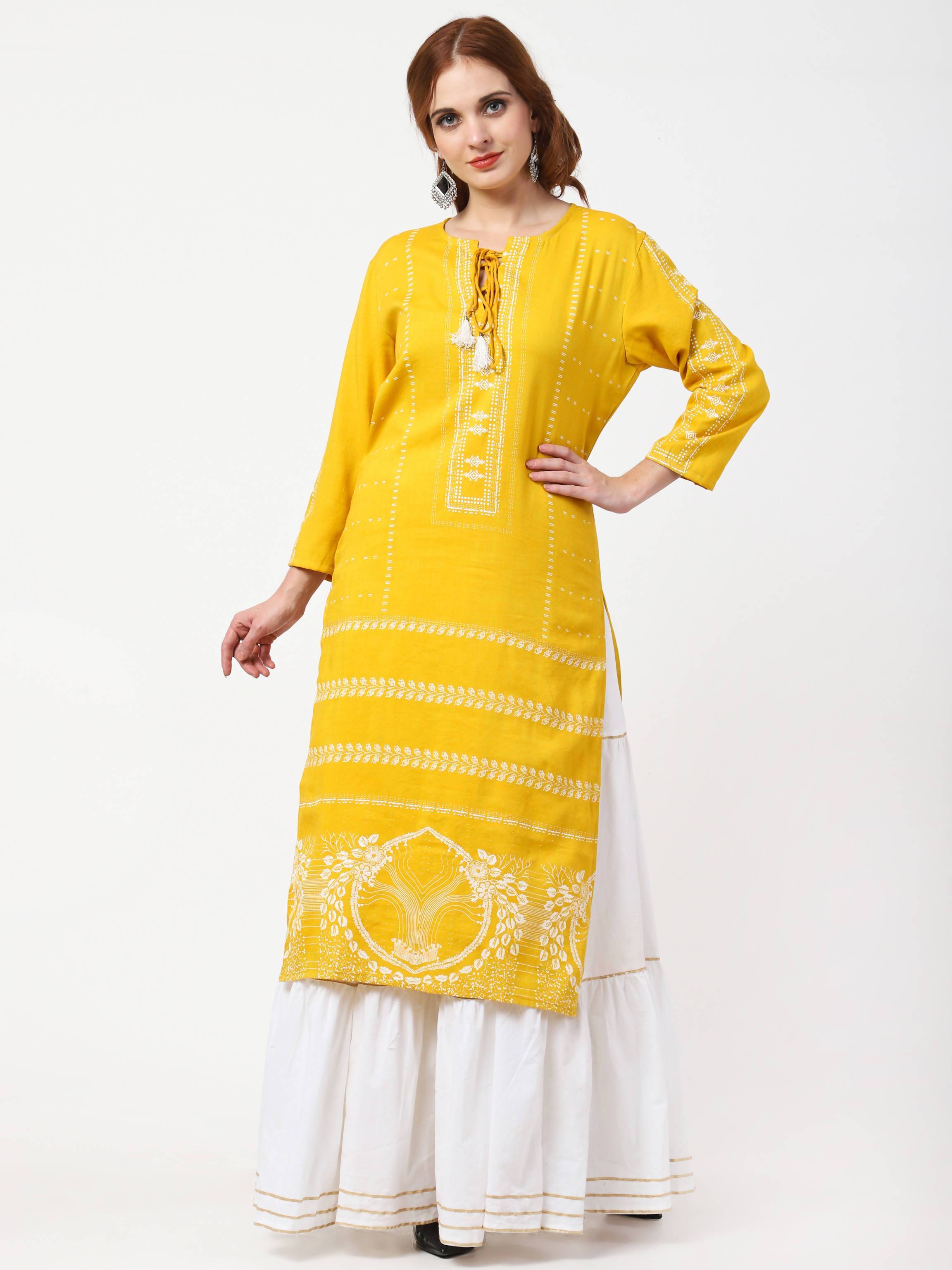 Women's Mustard & White Cotton Kurta With Skirt & Embroidered Dupatta Set - Cheera