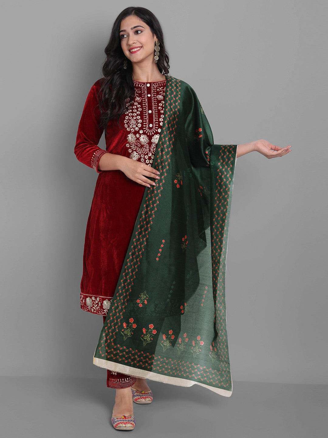 Women's Red Embroidered Velvet Kurta With Trousers & Withã¢ Dupatta - Noz2Toz