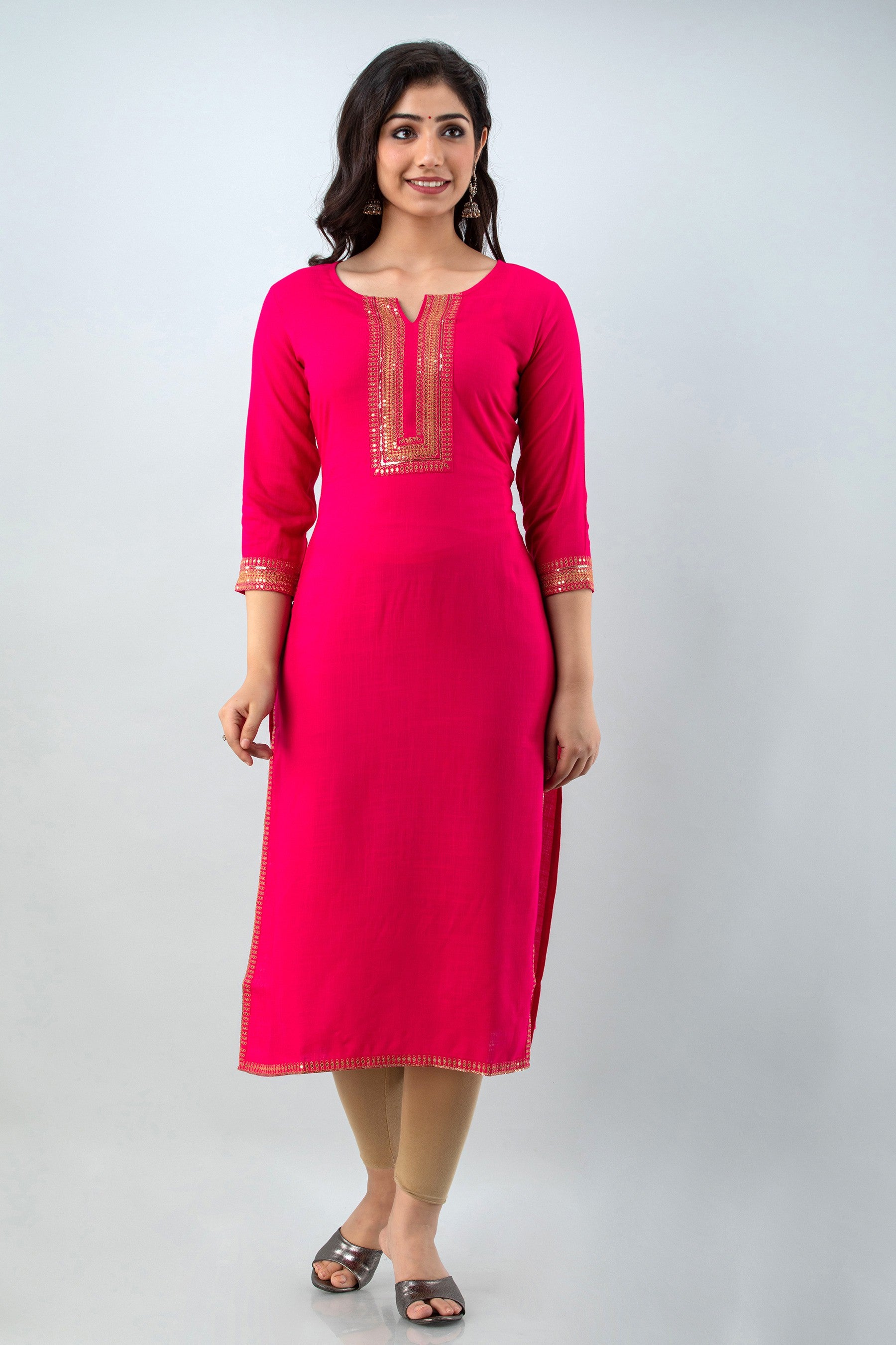 Women's Embellished Viscose Rayon Straight Kurta (Pink) - Charu