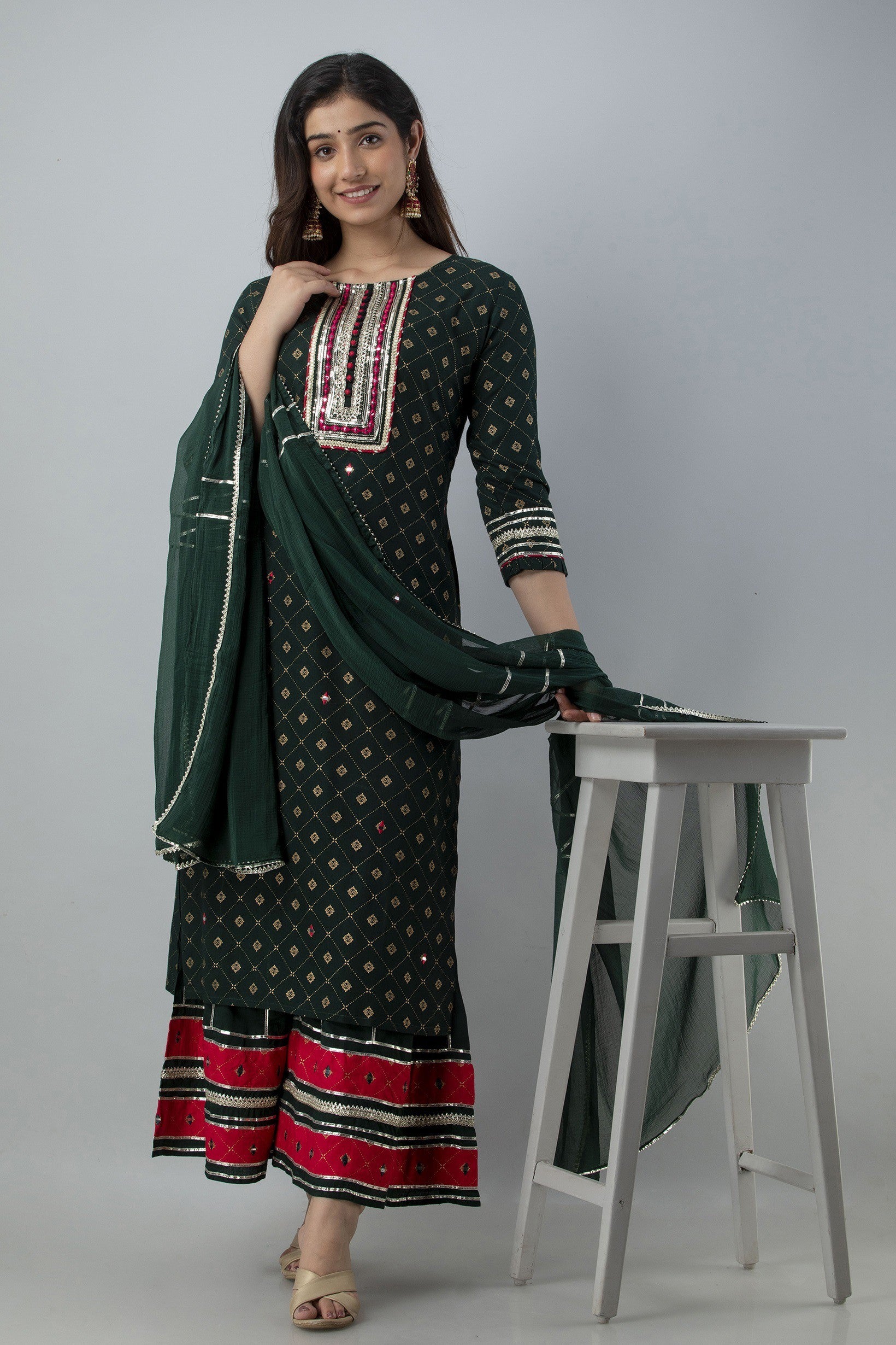 Women's Embroidered Viscose Rayon Straight Kurta Sharara & Dupatta Set (Bottle Green) - Charu