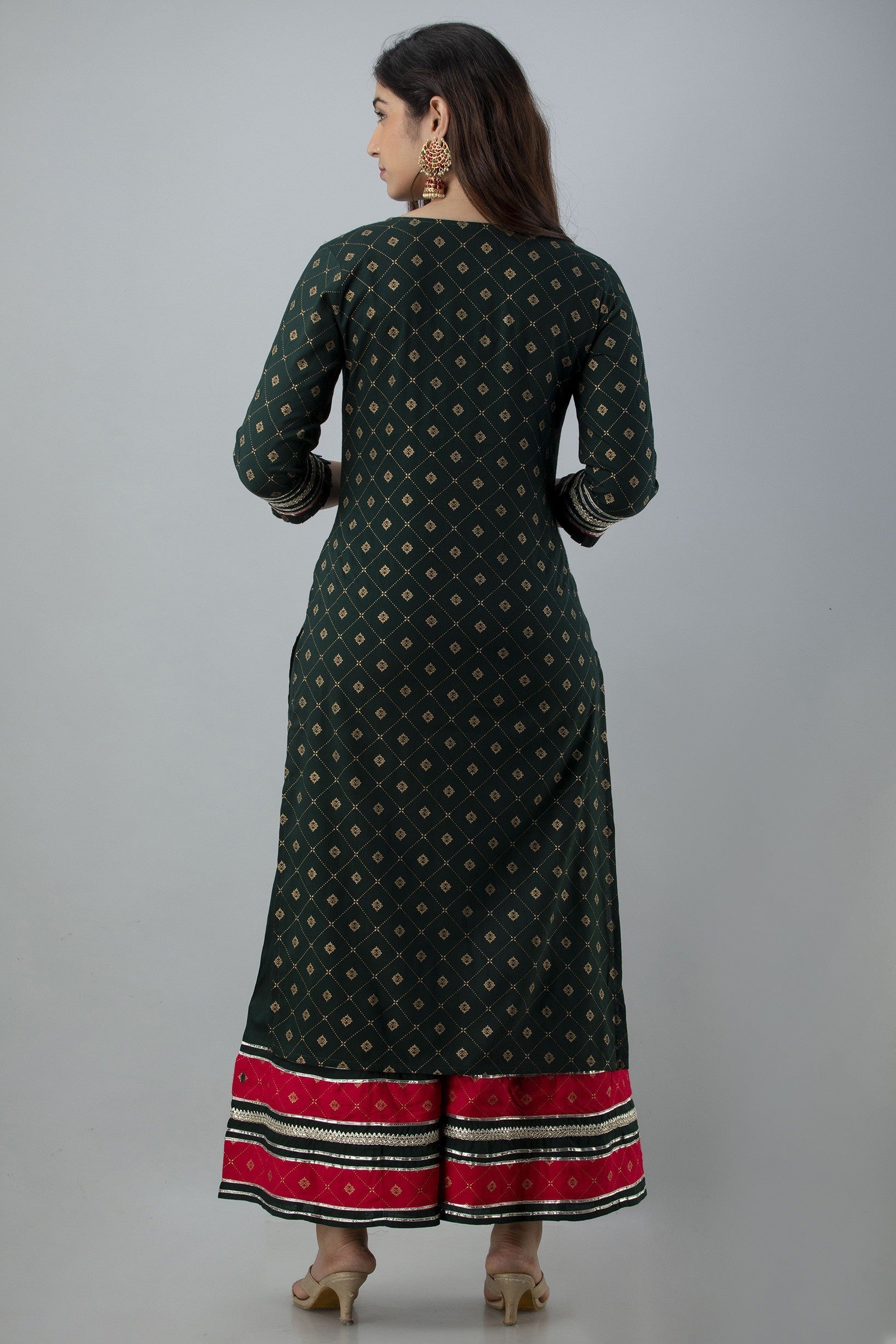 Women's Embroidered Viscose Rayon Straight Kurta Sharara & Dupatta Set (Bottle Green) - Charu