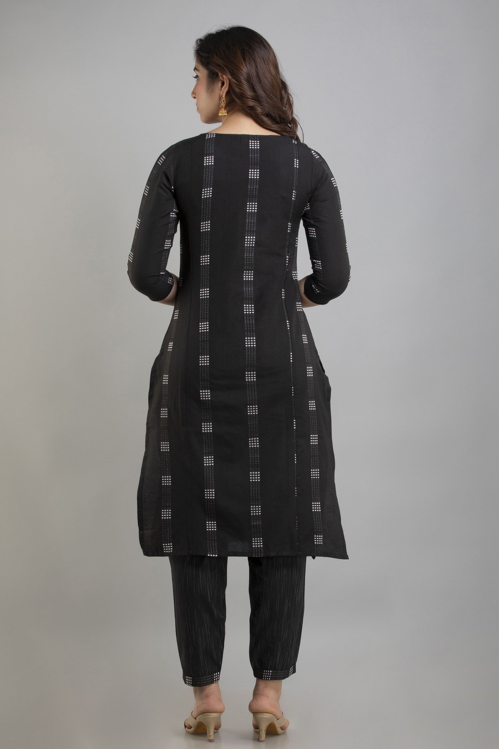 Women's Woven & Striped Cotton Blend Straight Kurta Pant & Dupatta Set (Black) - Charu