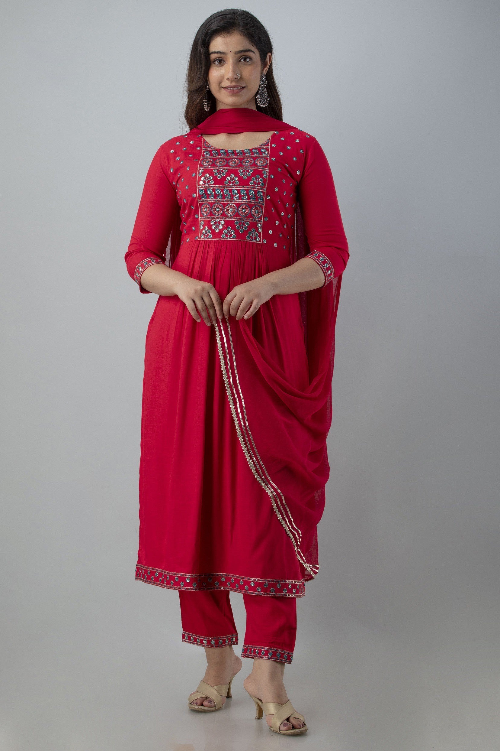Women's Embroidered Viscose Rayon Naira Cut Kurta Pant & Dupatta Set (Rani) - Charu