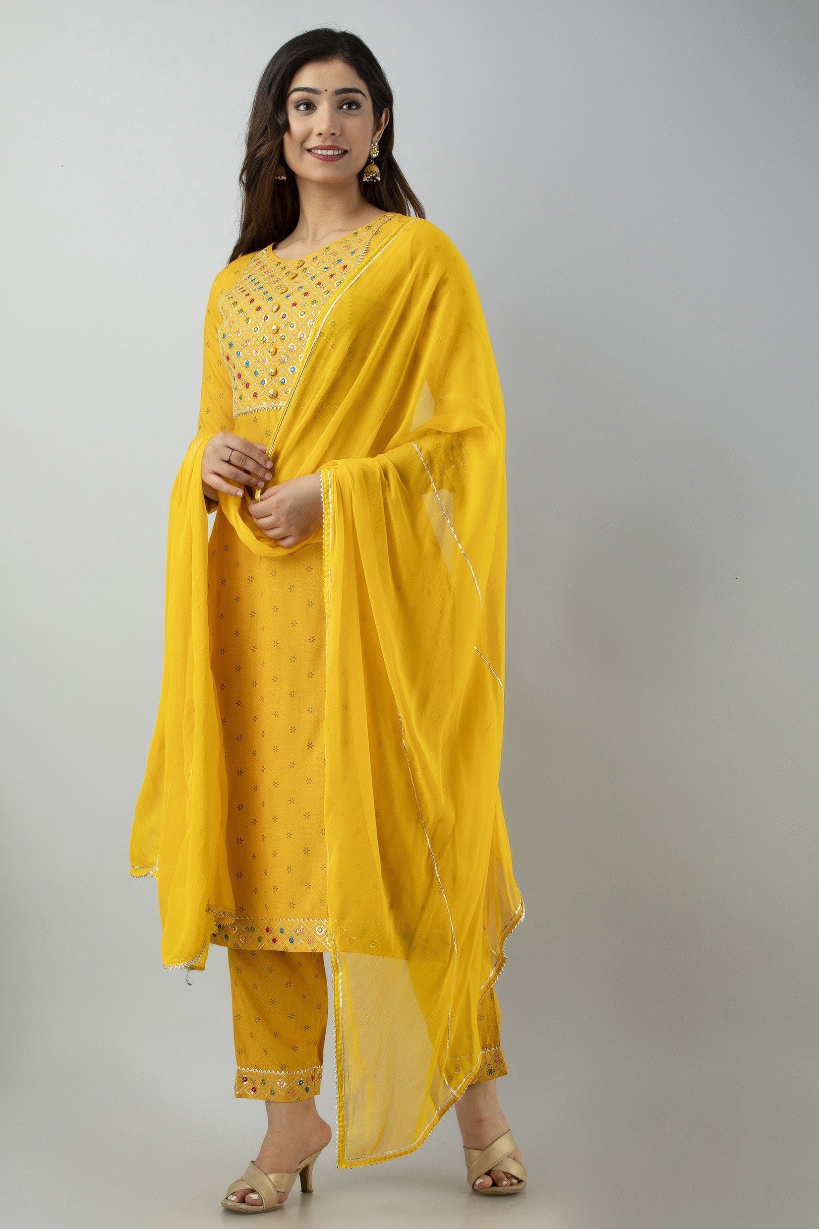 Women's Embroidered Viscose Rayon Straight Kurta Pant & Dupatta Set (Mustard) - Charu
