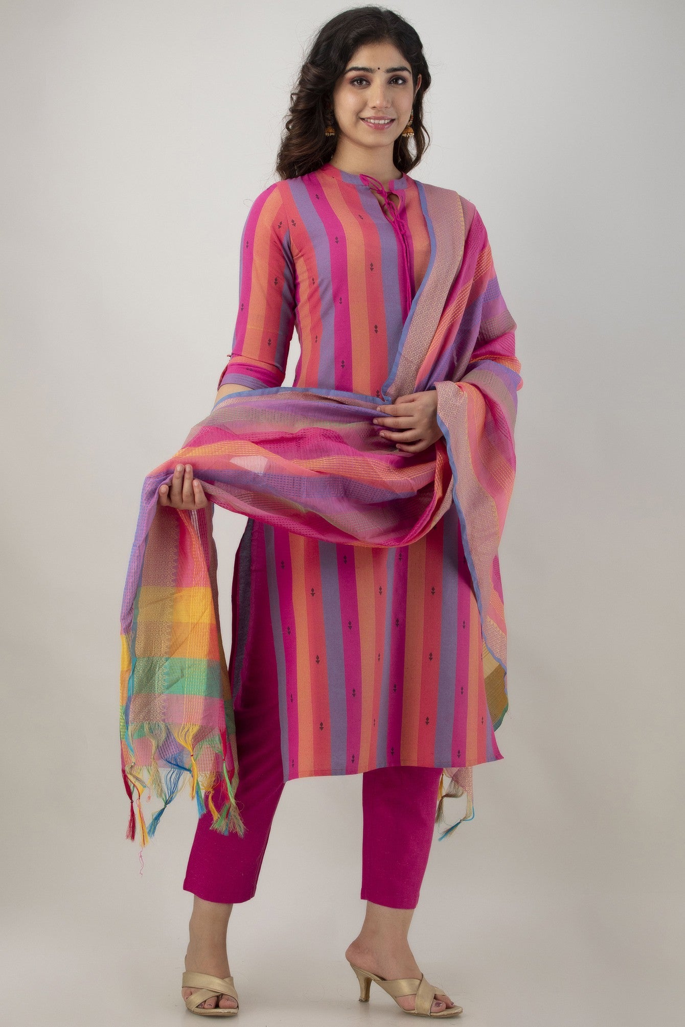 Women's Striped & Woven Cotton Blend Straight Kurta Pant & Dupatta Set (Pink) - Charu