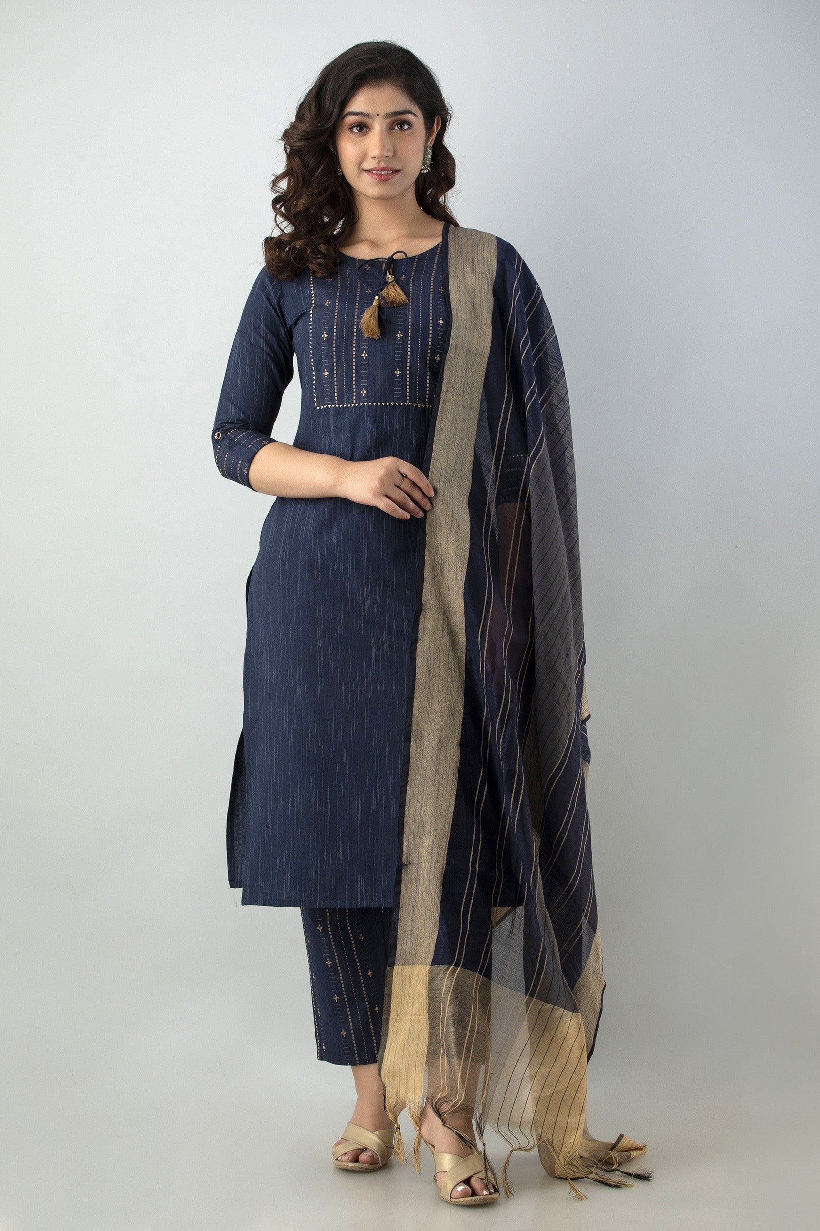 Women's Striped & Woven Cotton Blend Straight Kurta Pant & Dupatta Set (Blue) - Charu