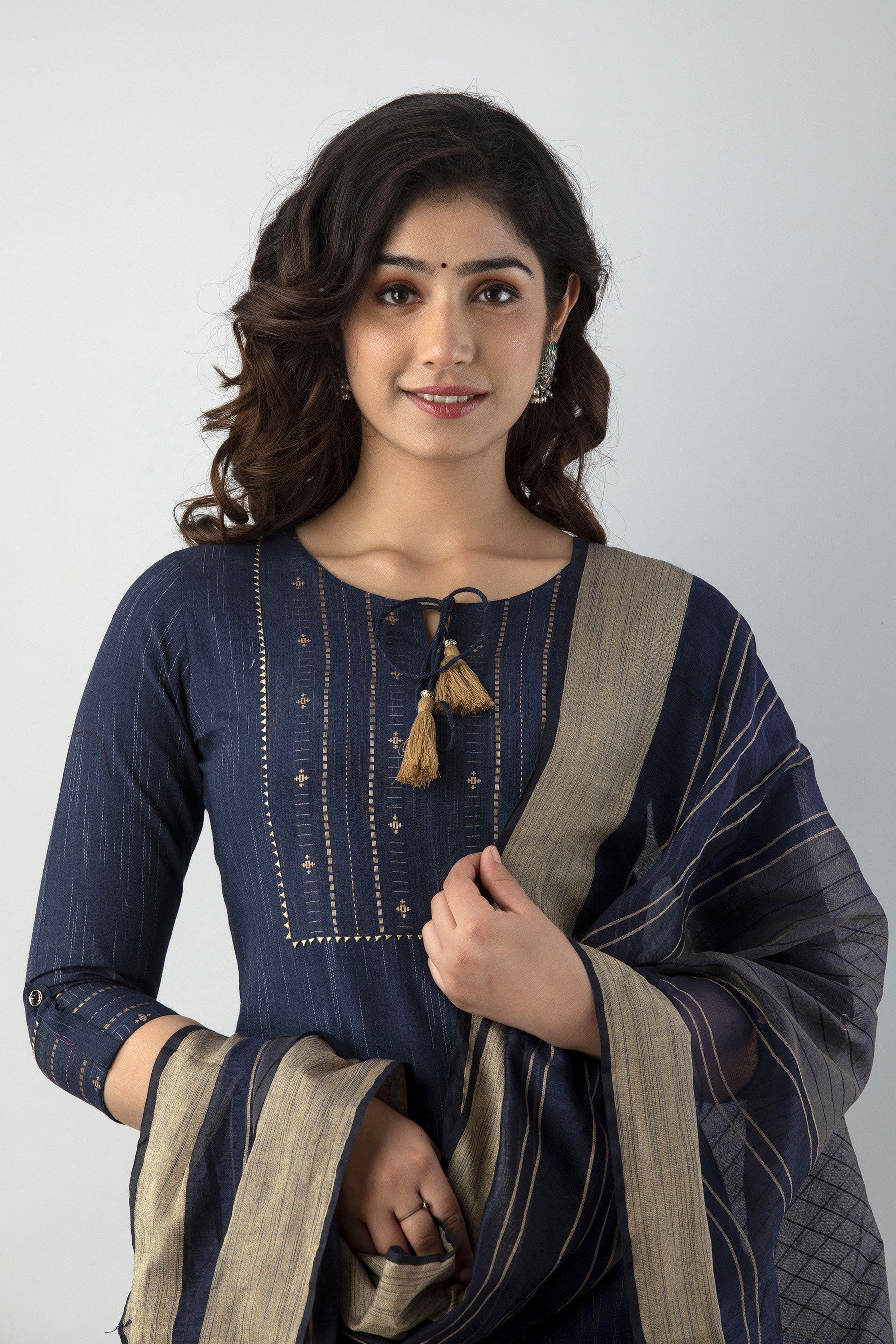 Women's Striped & Woven Cotton Blend Straight Kurta Pant & Dupatta Set (Blue) - Charu