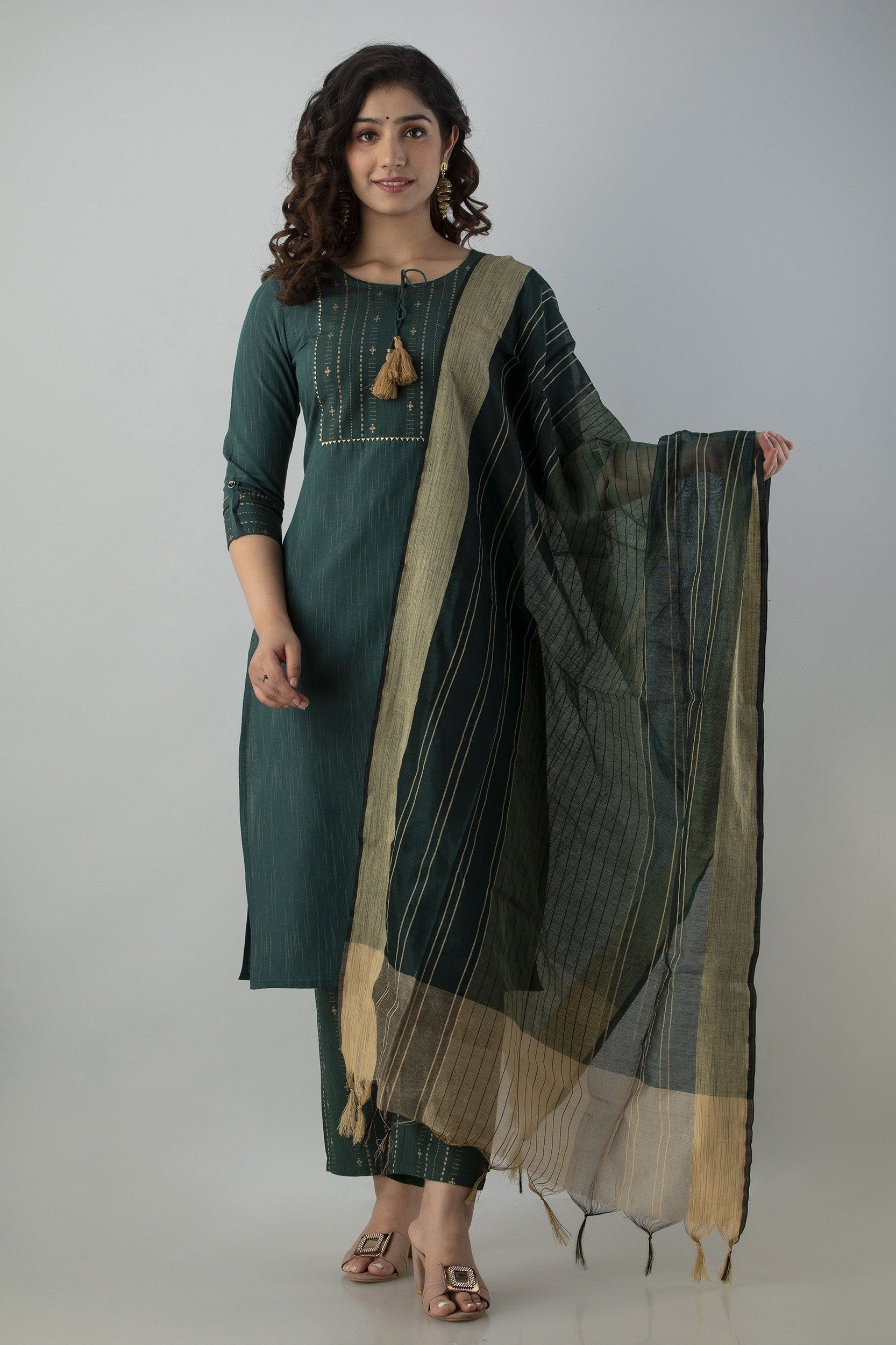 Women's Striped & Woven Cotton Blend Straight Kurta Pant & Dupatta Set (Dark Green) - Charu