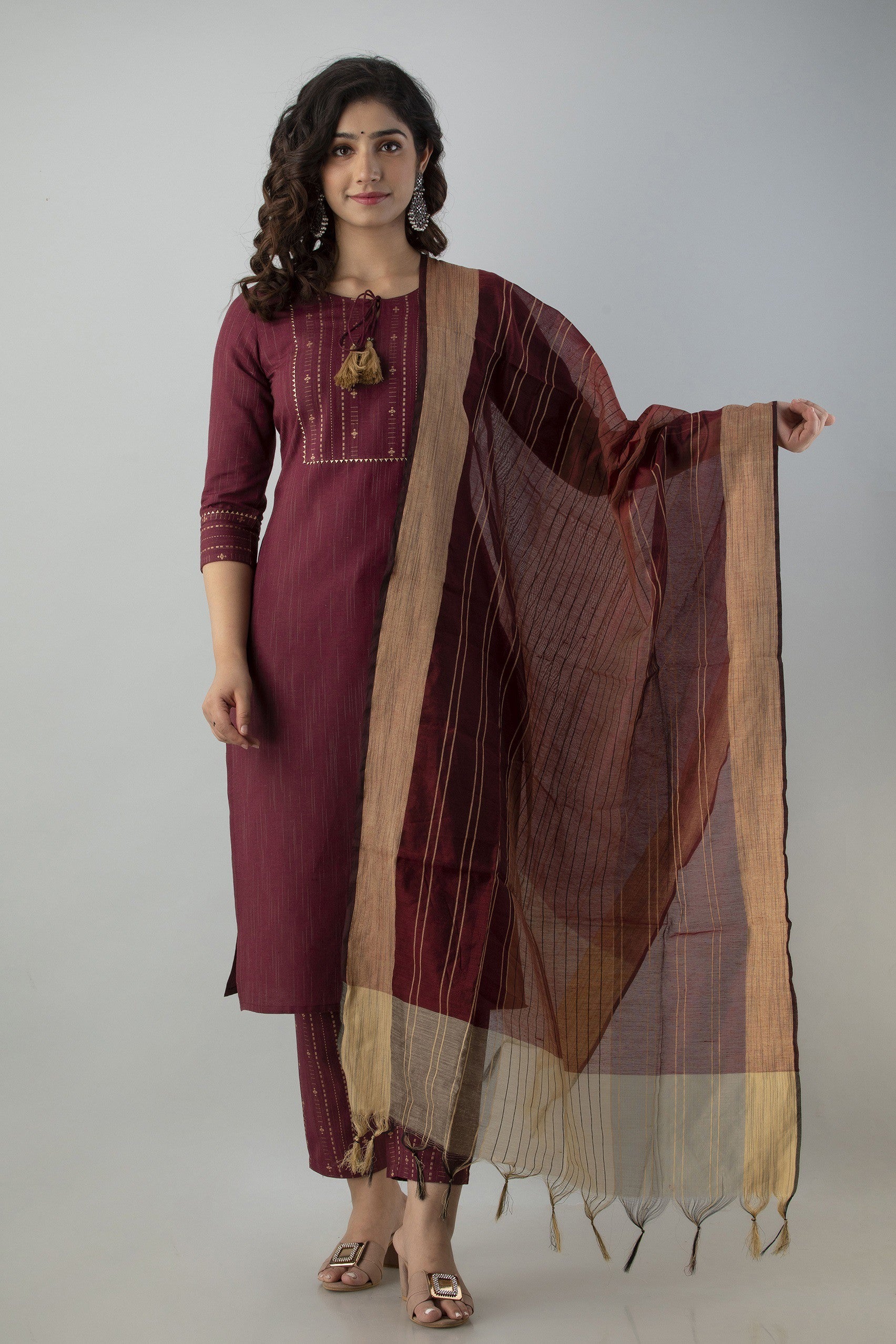 Women's Striped & Woven Cotton Blend Straight Kurta Pant & Dupatta Set (Maroon) - Charu
