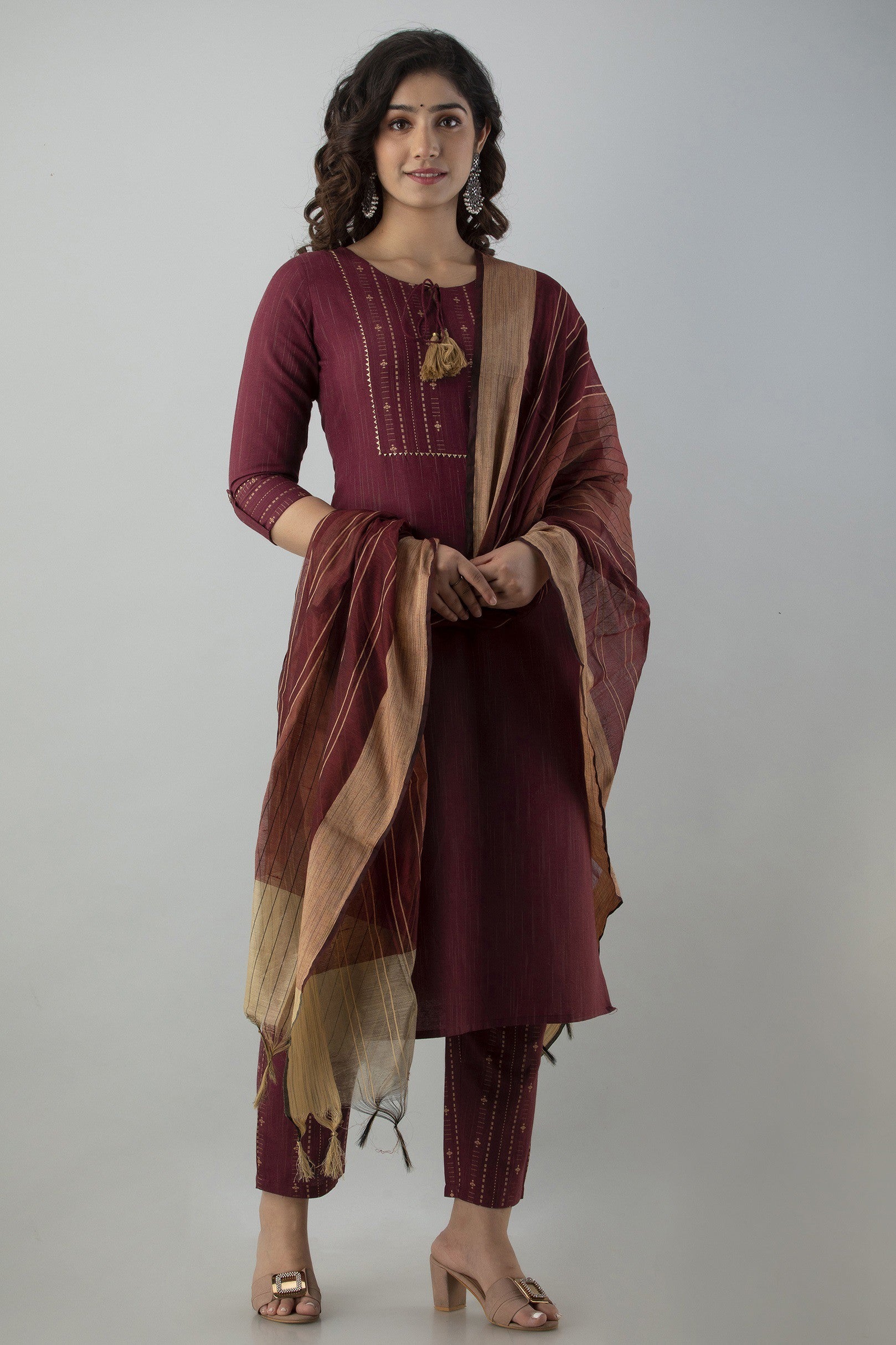 Women's Striped & Woven Cotton Blend Straight Kurta Pant & Dupatta Set (Maroon) - Charu