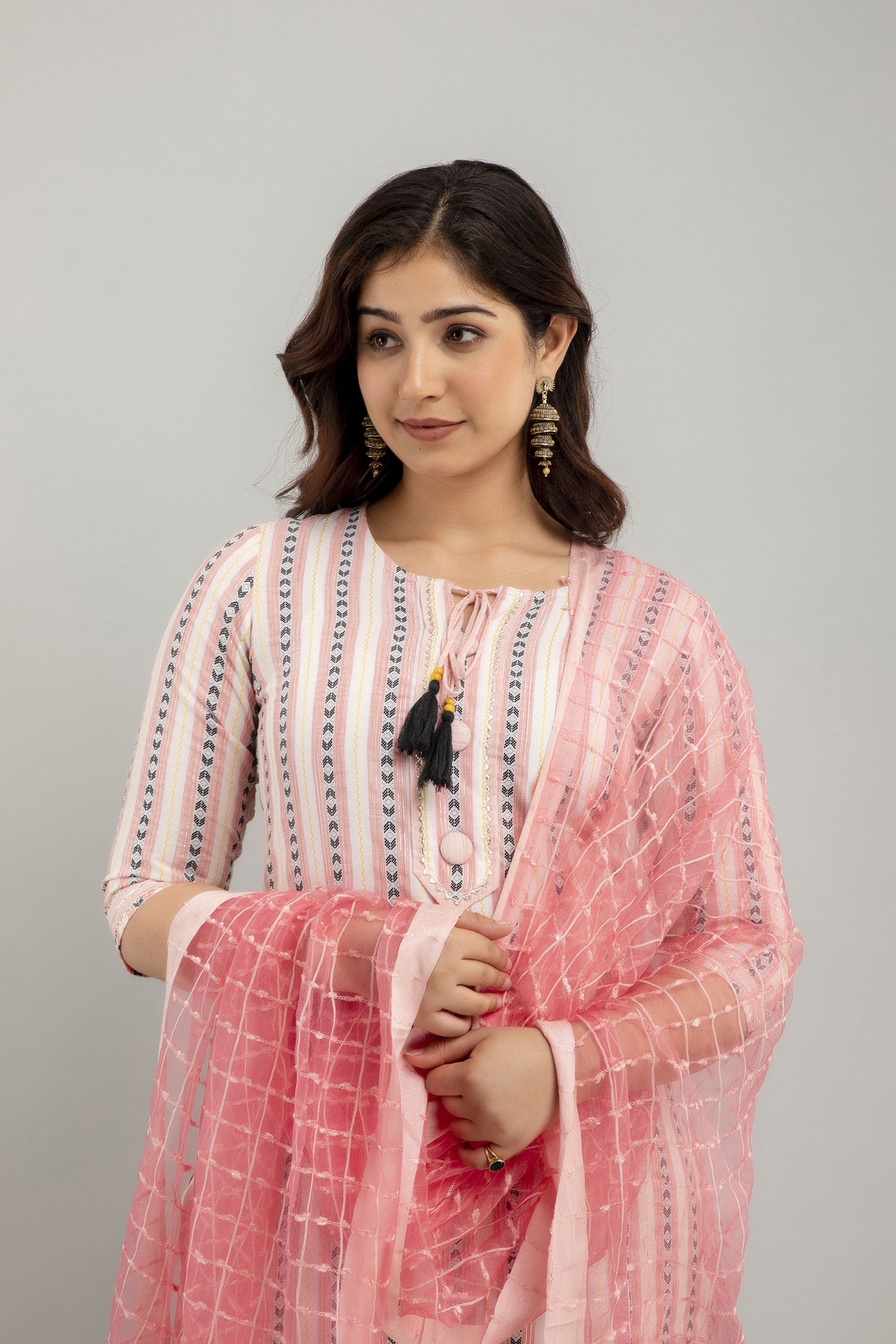 Women's Striped Cotton Blend Straight Kurta Pant & Dupatta Set (Pink) - Charu