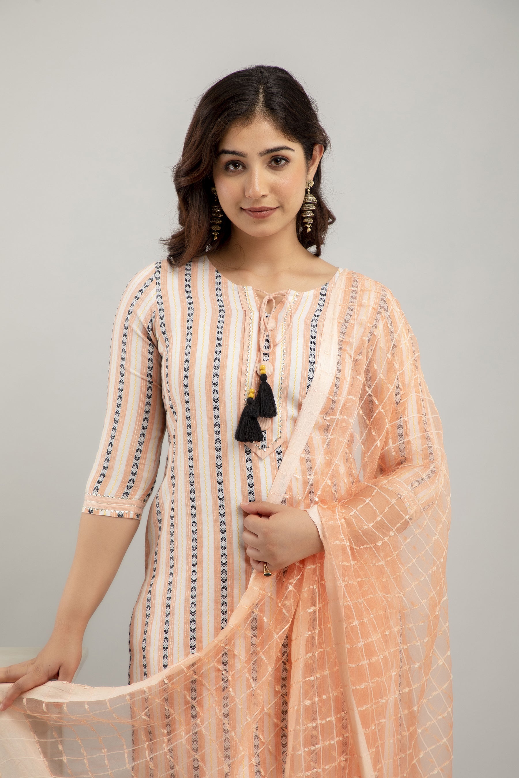 Women's Striped Cotton Blend Straight Kurta Pant & Dupatta Set (Orange) - Charu