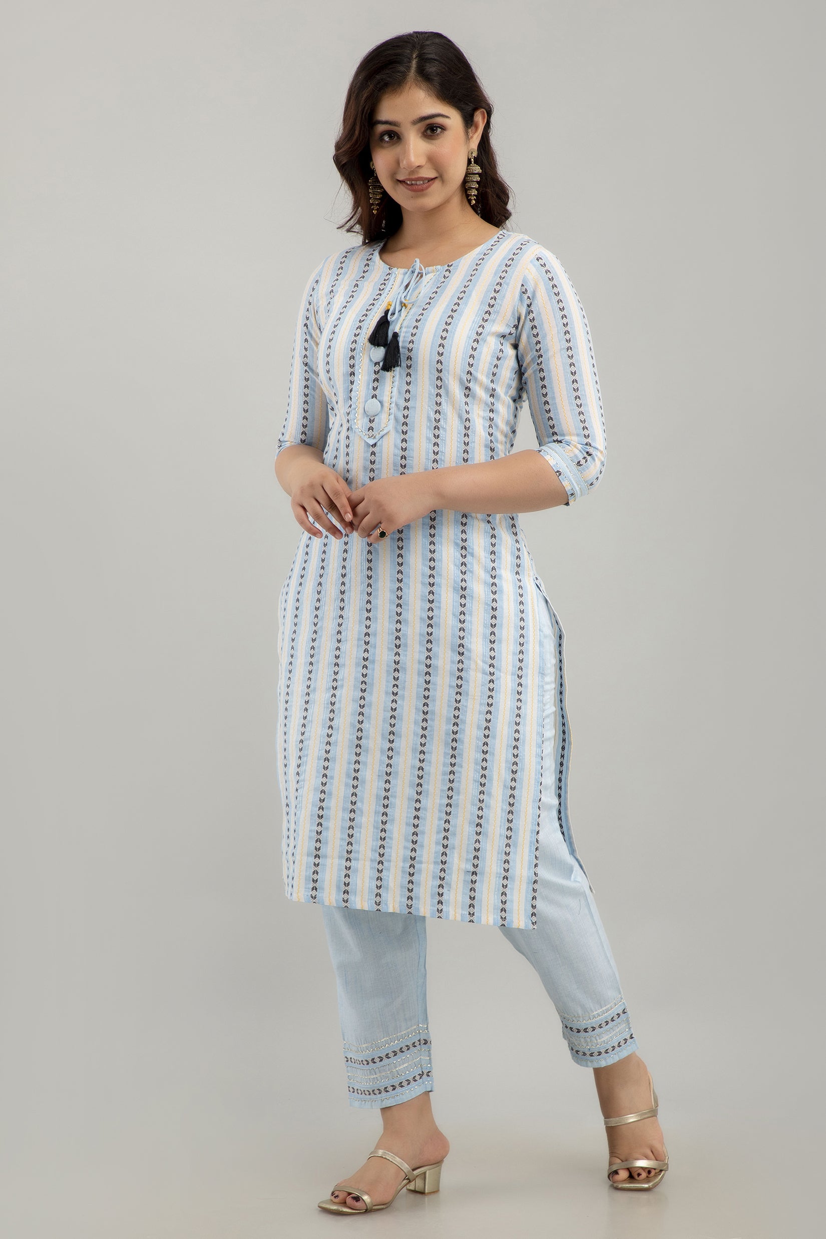 Women's Striped Cotton Blend Straight Kurta Pant & Dupatta Set (Light Blue) - Charu